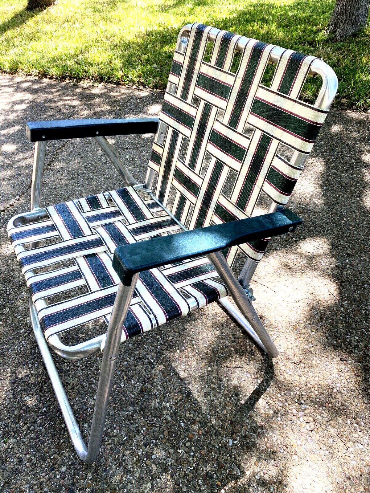 Vintage Aluminum Webbed Green & White Folding Patio Lawn Chair by Rio Backyard