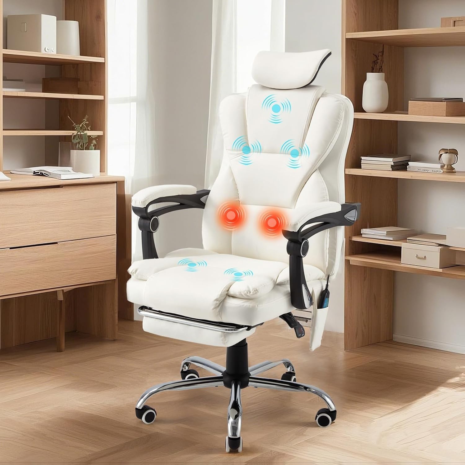 7-point massage heat recliner chair with footrest headrest, cream leather