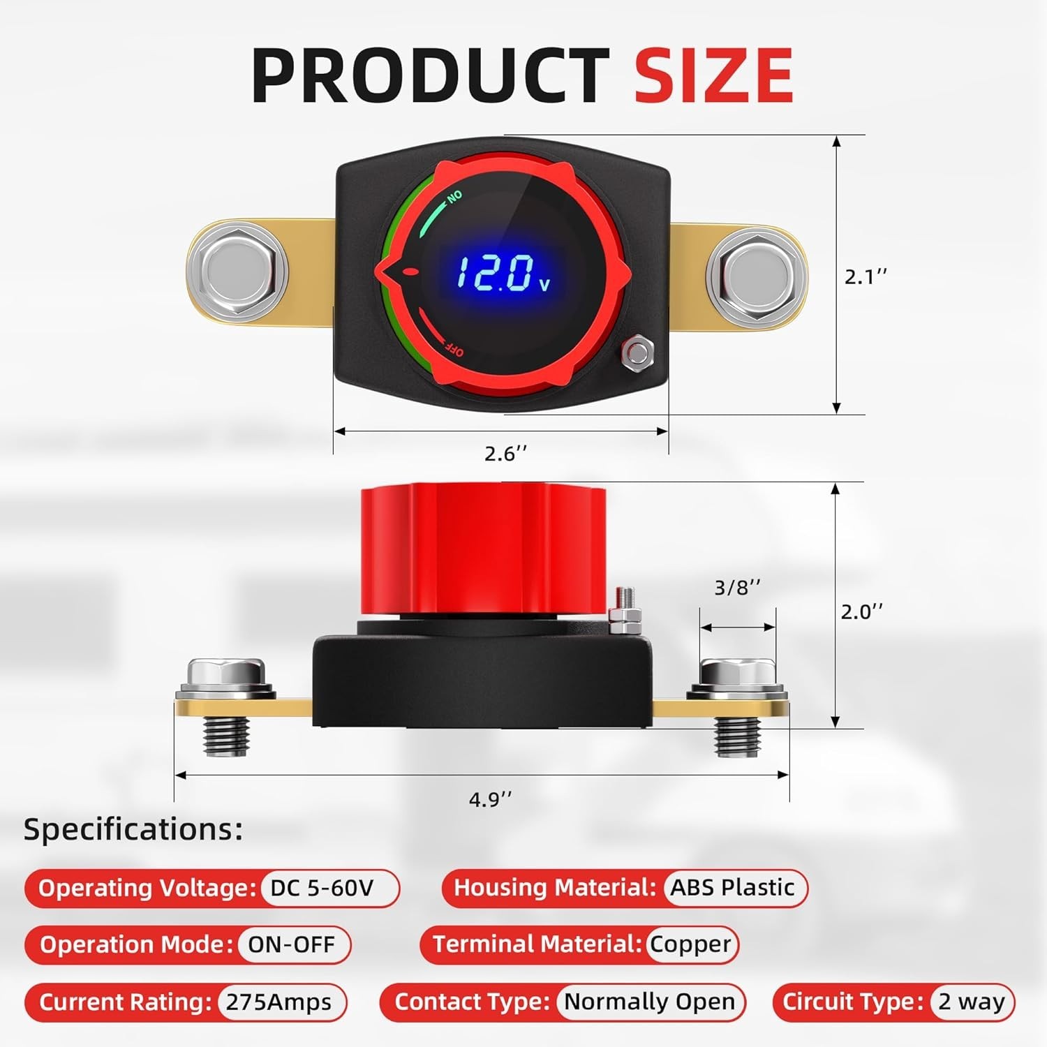 Side Post Battery Disconnect Switch 12V-48V with Led Voltmeter Display, DC 5-...