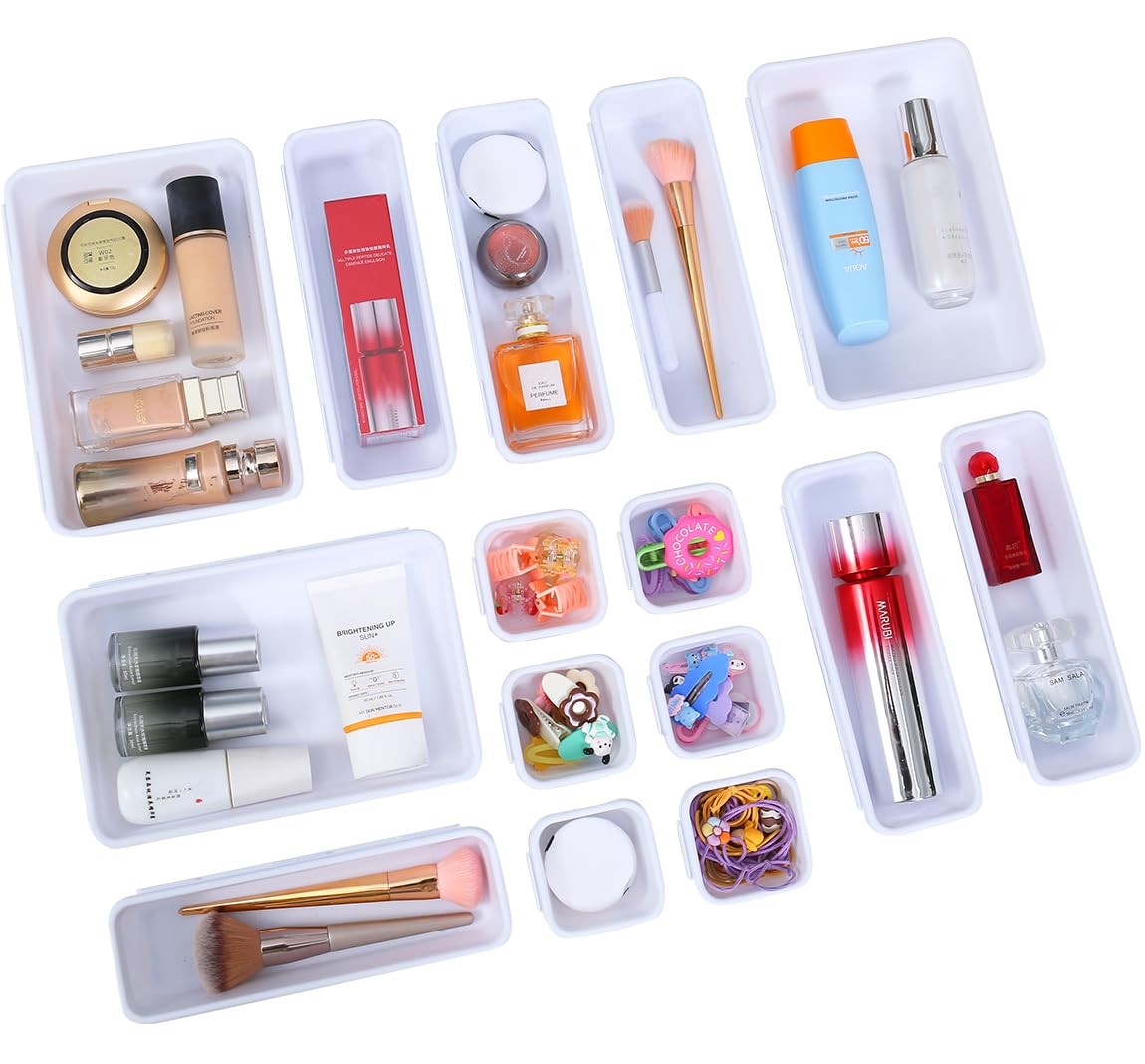 15 Piece White Interlocking Desk Drawer Organizer Separator System for Office