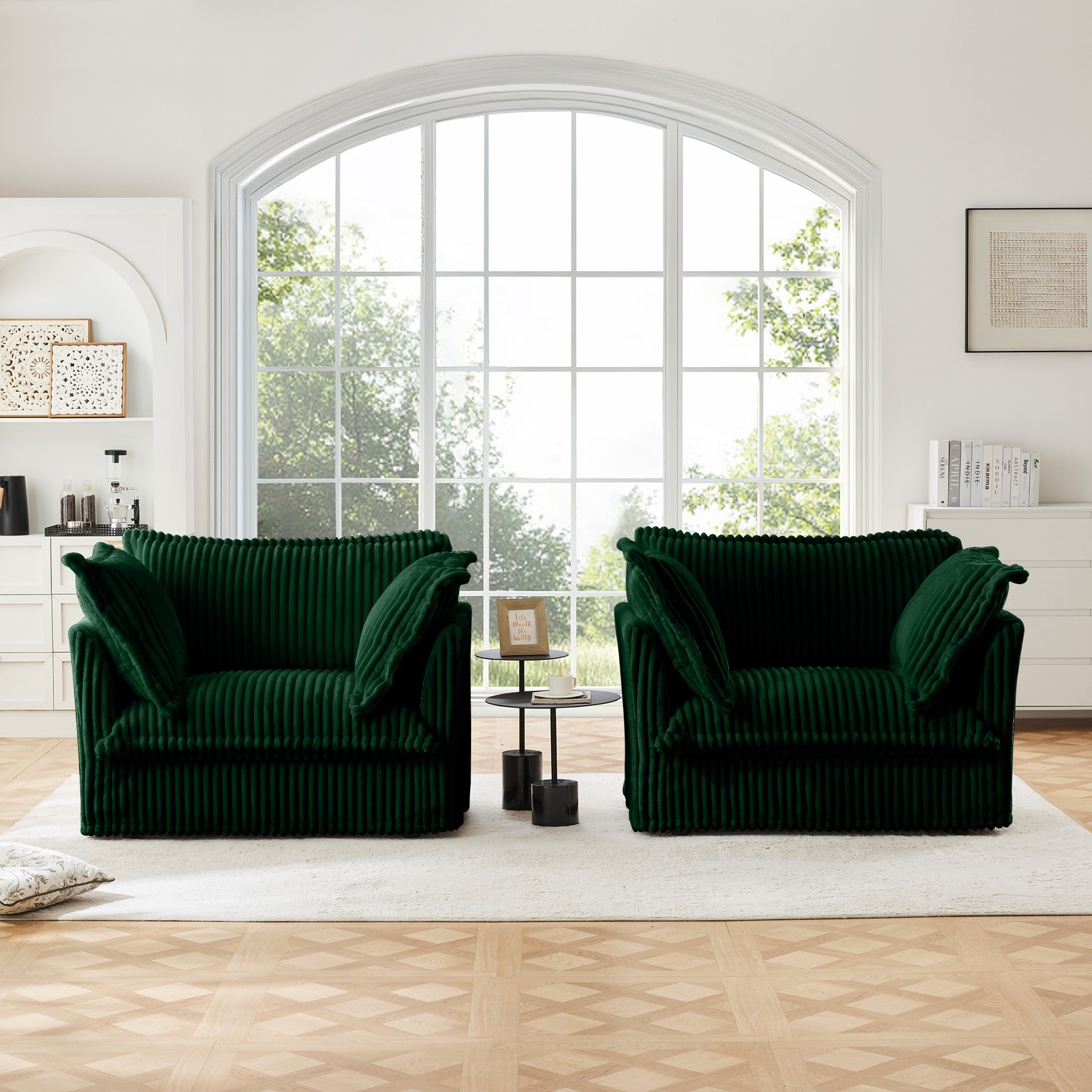 Green Corduroy 2-Piece Armchair Set w/ Deep Seat, Removable Covers