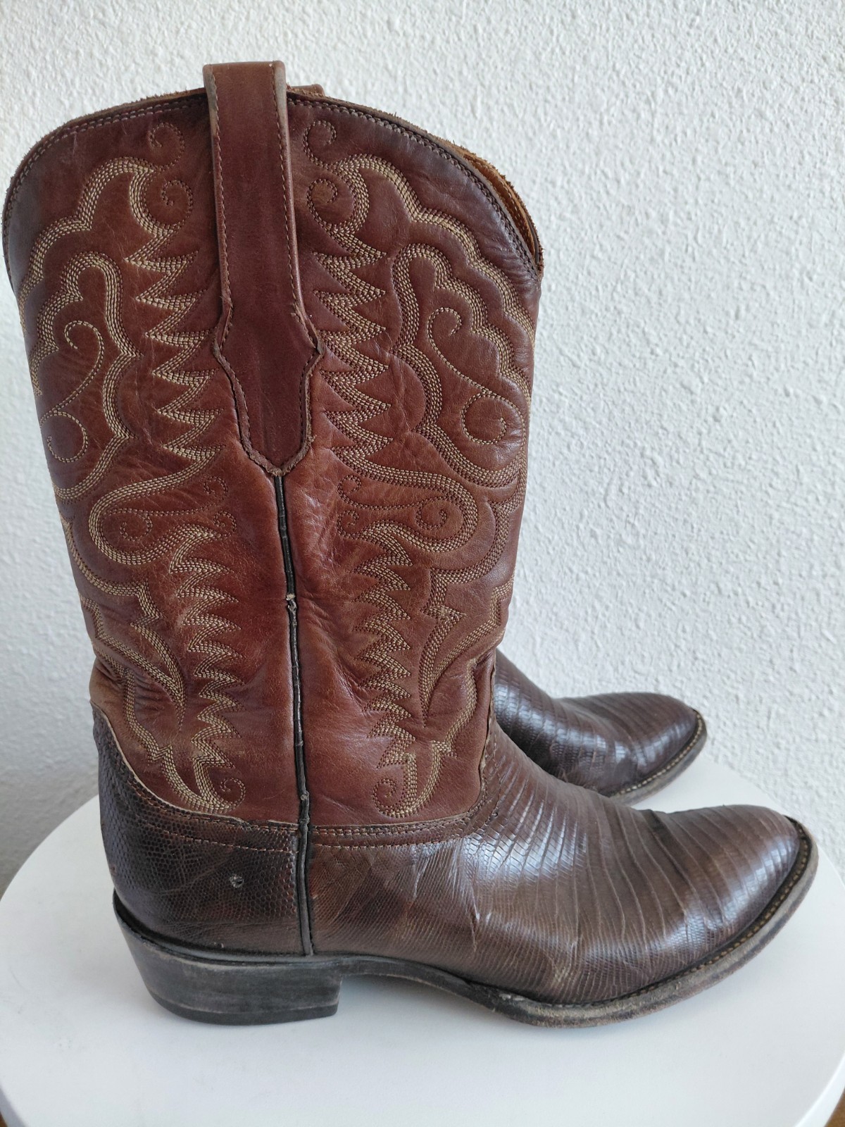 Western Brown Leather Boots Lizard Vamp Handcrafted In Mexico Mens Size 10