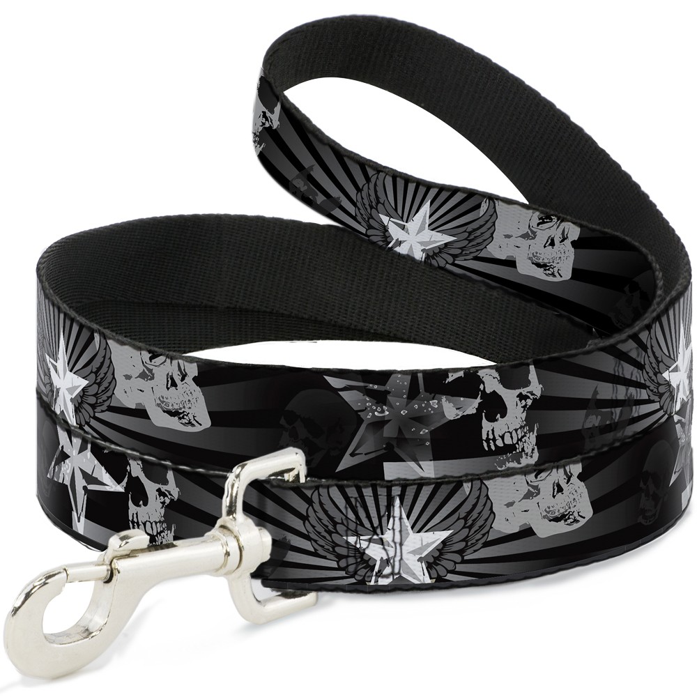 Dog Leash Die Hard Skulls & Stars1 Black/Grays NARROW 0.5"