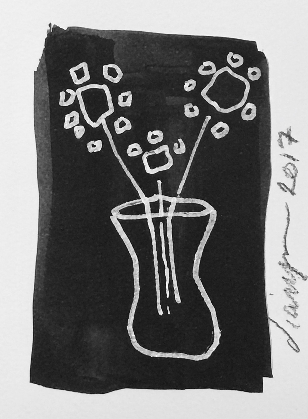 Flower Vase Drawing #7 by Diane Green 2017 Black White Ink on Paper 4" x 6"