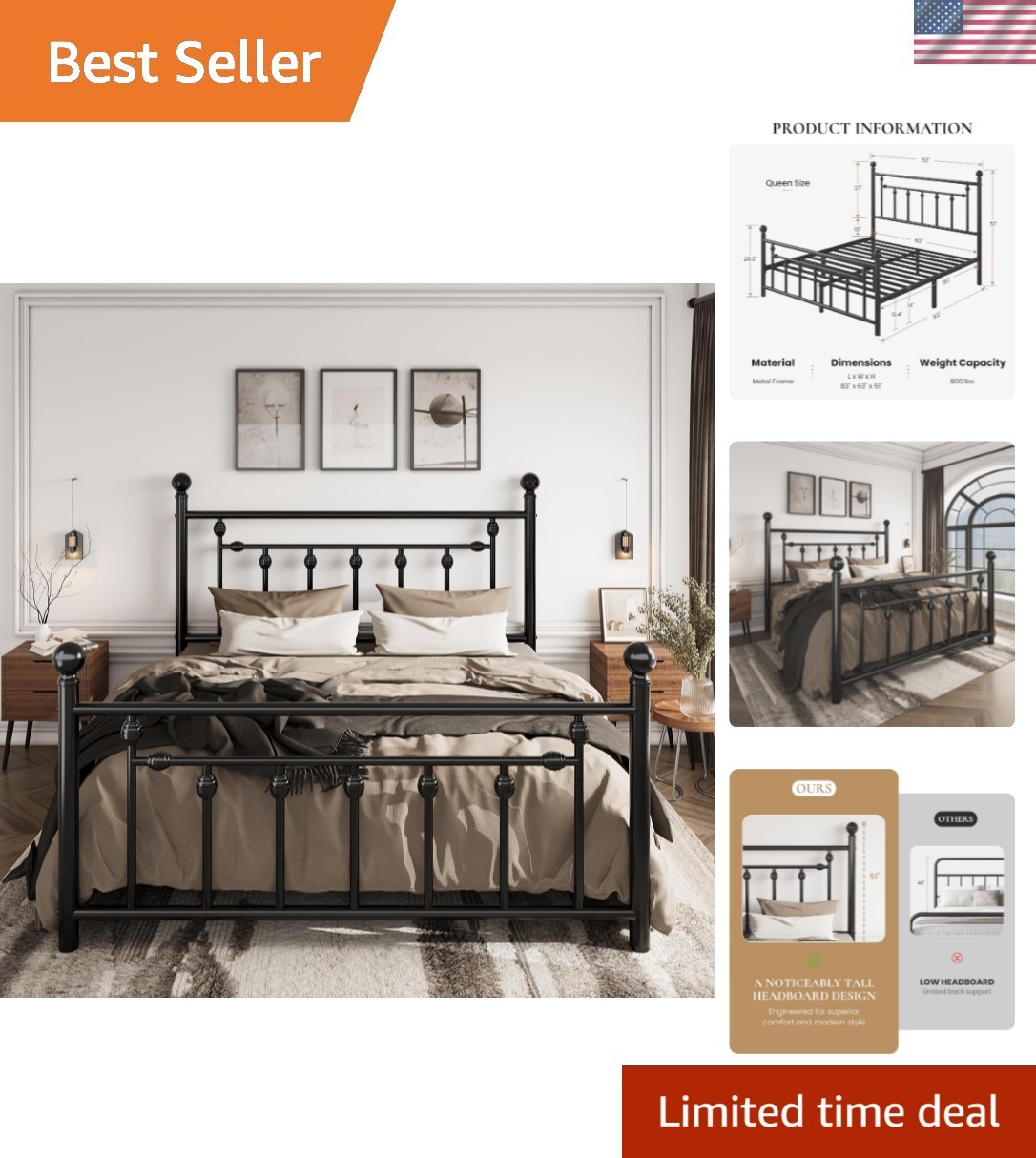 14" Queen Size Metal Platform Bed Frame/Victorian Headboard and Footboard/Ste...