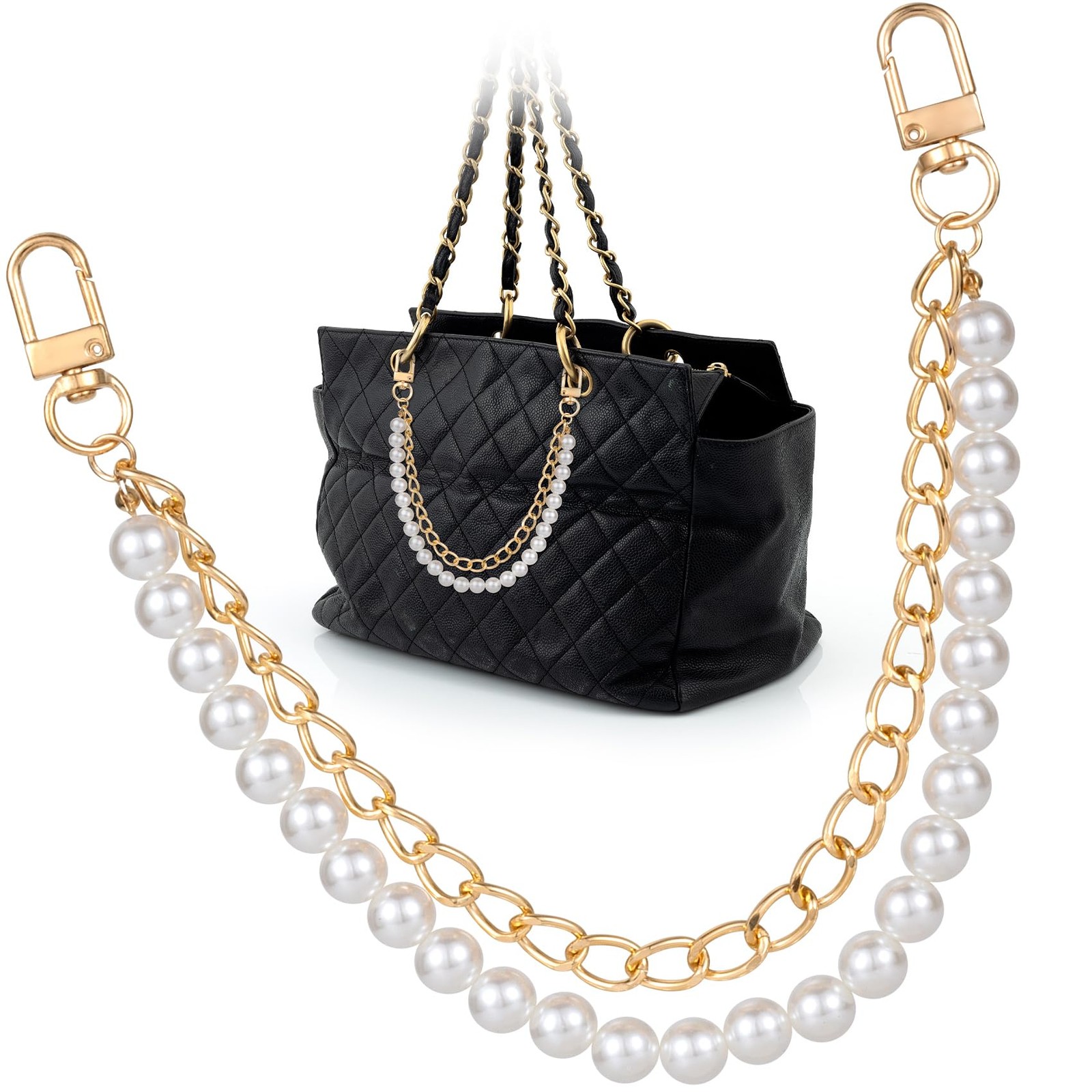 Pearl Purse Double Chain, Bag Extender Chain for Women, Gold Alloy Purse Stra...