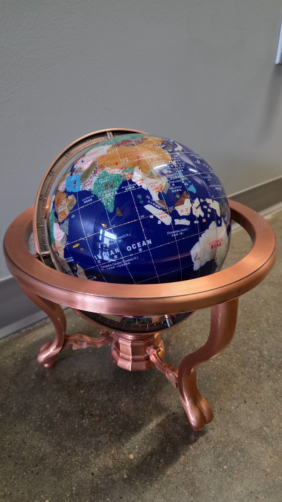 World Globe - Plastic Copper Rotating Base. From China