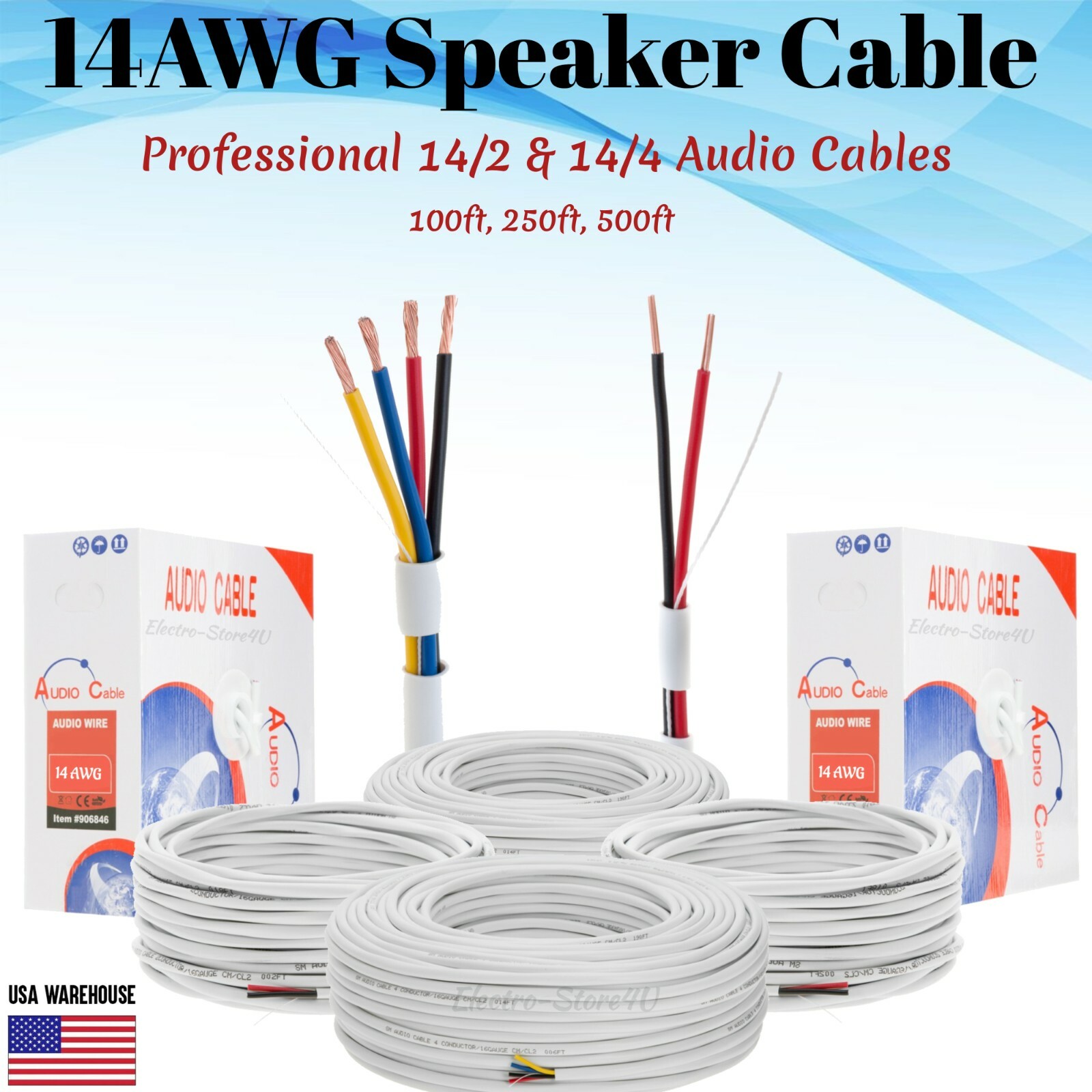 In Wall Audio Speaker Cable Wire 14/2 14/4 14AWG Conductor 100ft 250ft 500ft Lot