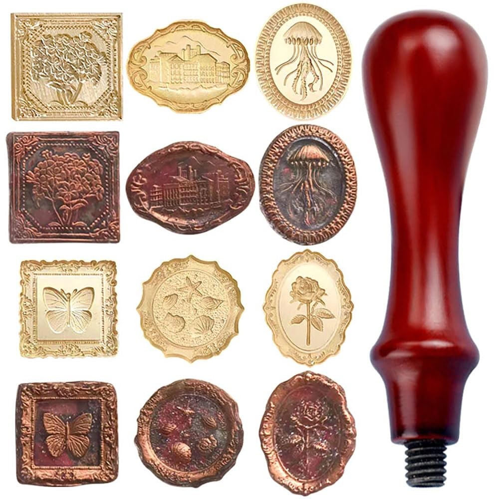 7pcs Vintage Wax Stamp Seal Kit,Wax Head and Wooden Golden