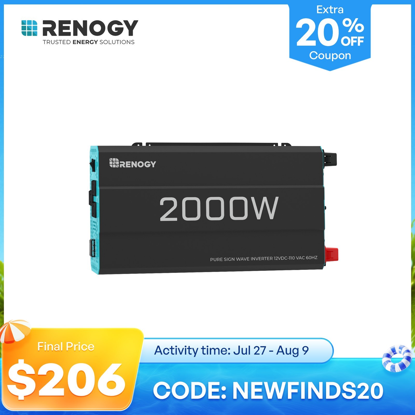 Renogy 2000W Pure Sine Wave Inverter 12V DC to 120V AC Converter Remote Control