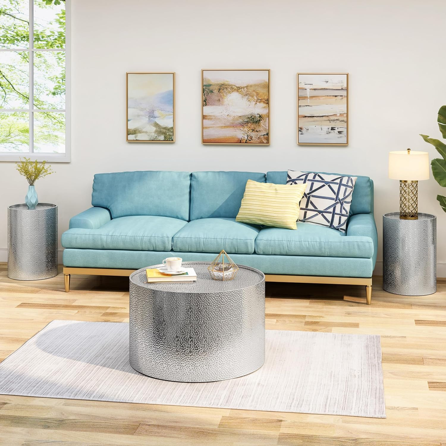 Braeburn 3-Piece Modern Round Iron Accent & Coffee Table Set in Silver