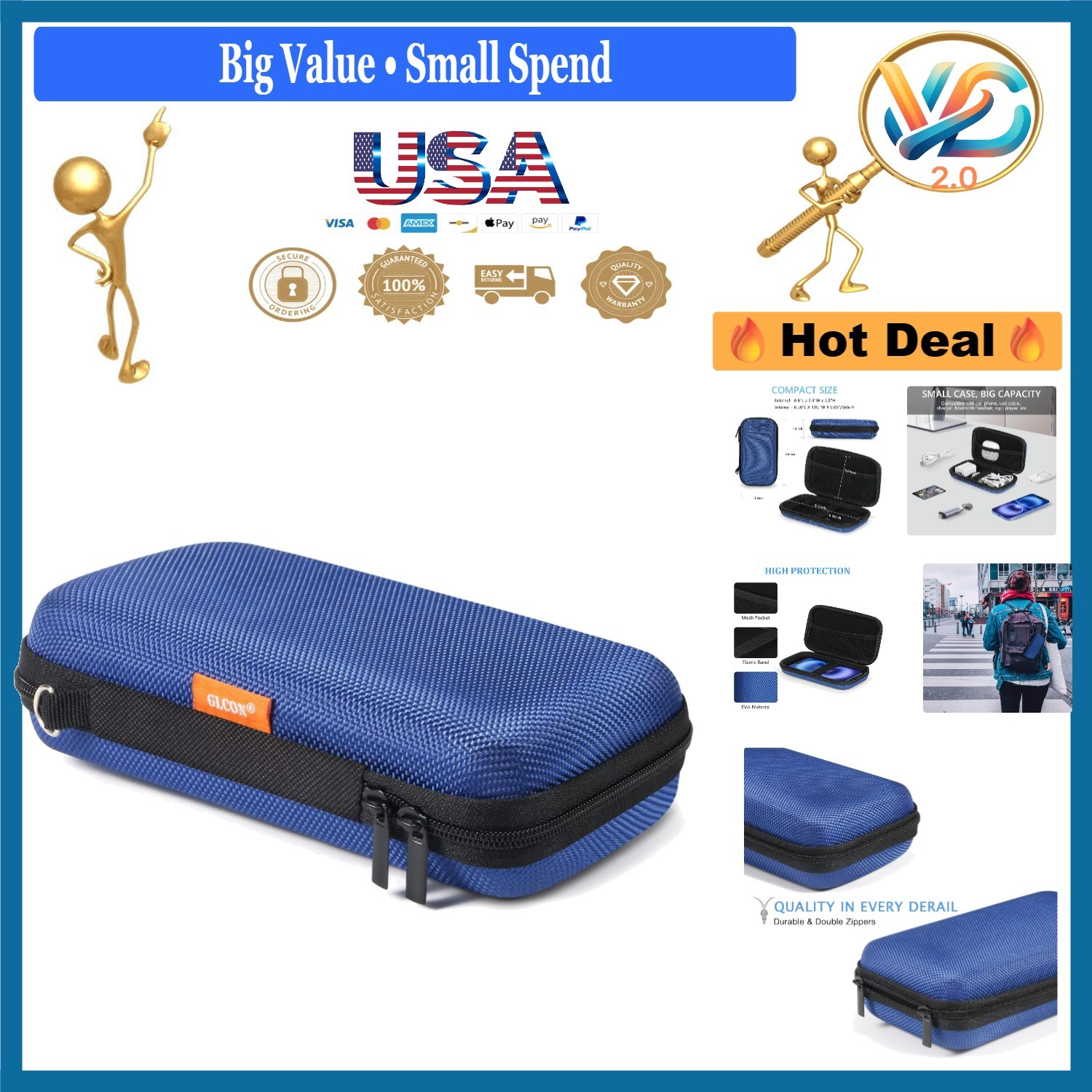 Blue Portable Hard EVA Case for Battery, Phone & Accessories Water Resistant