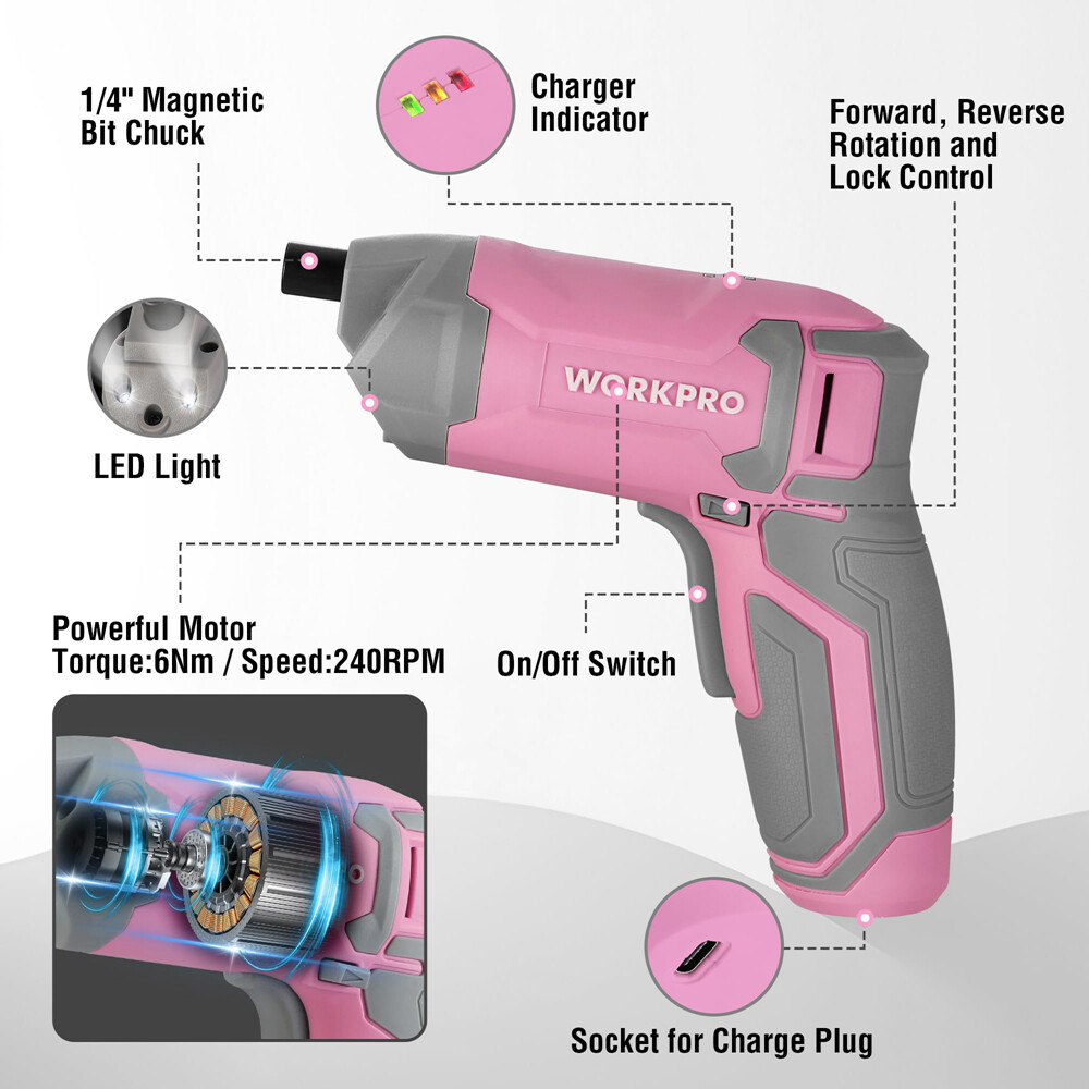 WORKPRO 3.6V Cordless Screwdriver Set Rechargeable Eccentric Screwdriver 24 Bits
