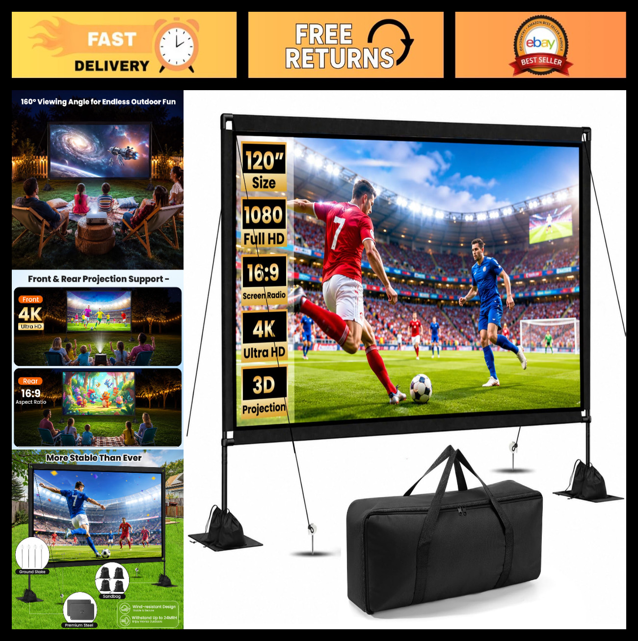 120" Portable Projector Screen 16:9 4K HD with Stand & Carry Bag for Outdoor/Ind
