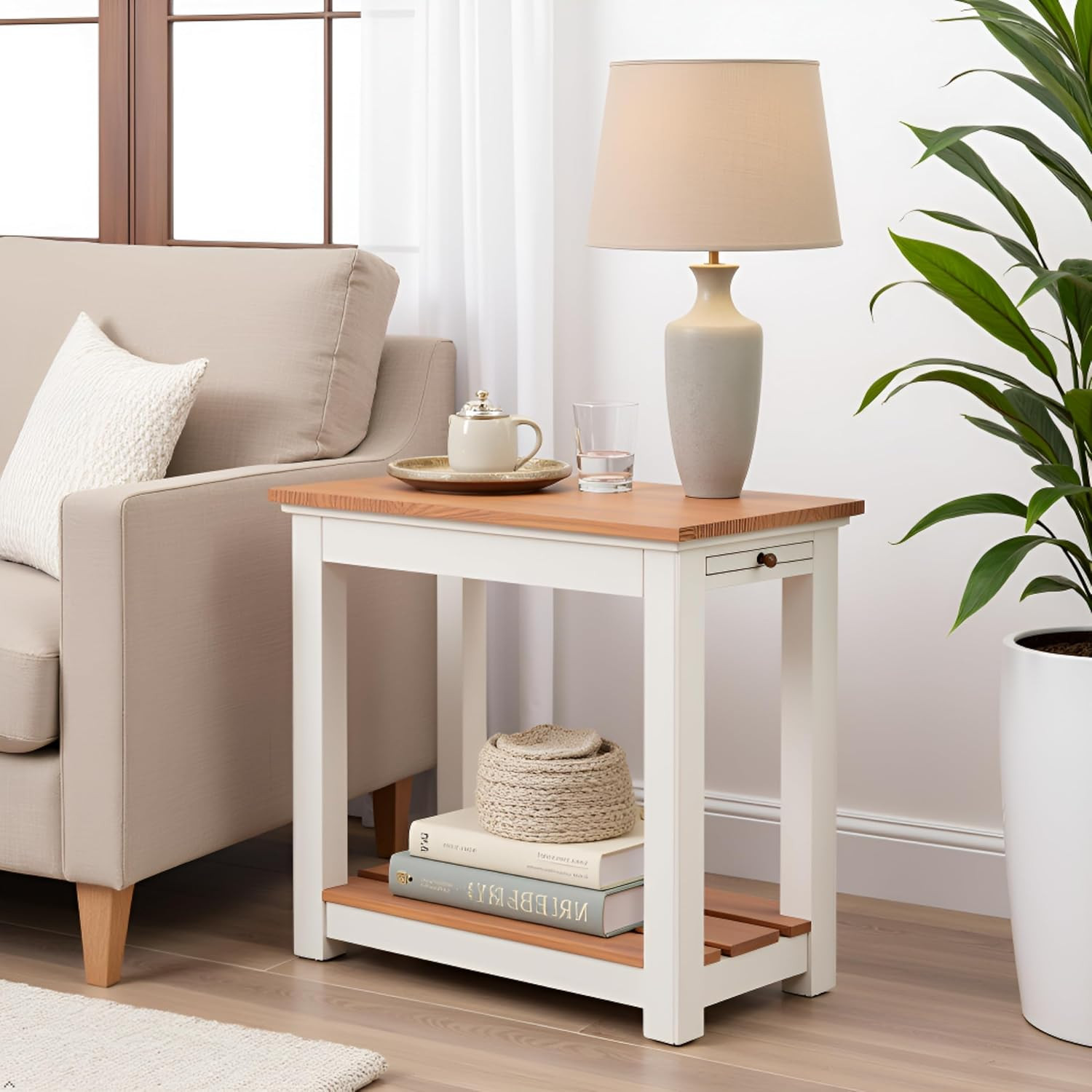 Savannah Narrow End Table – 12” W X 22” D Small Side Table with Pull-Out Tray an