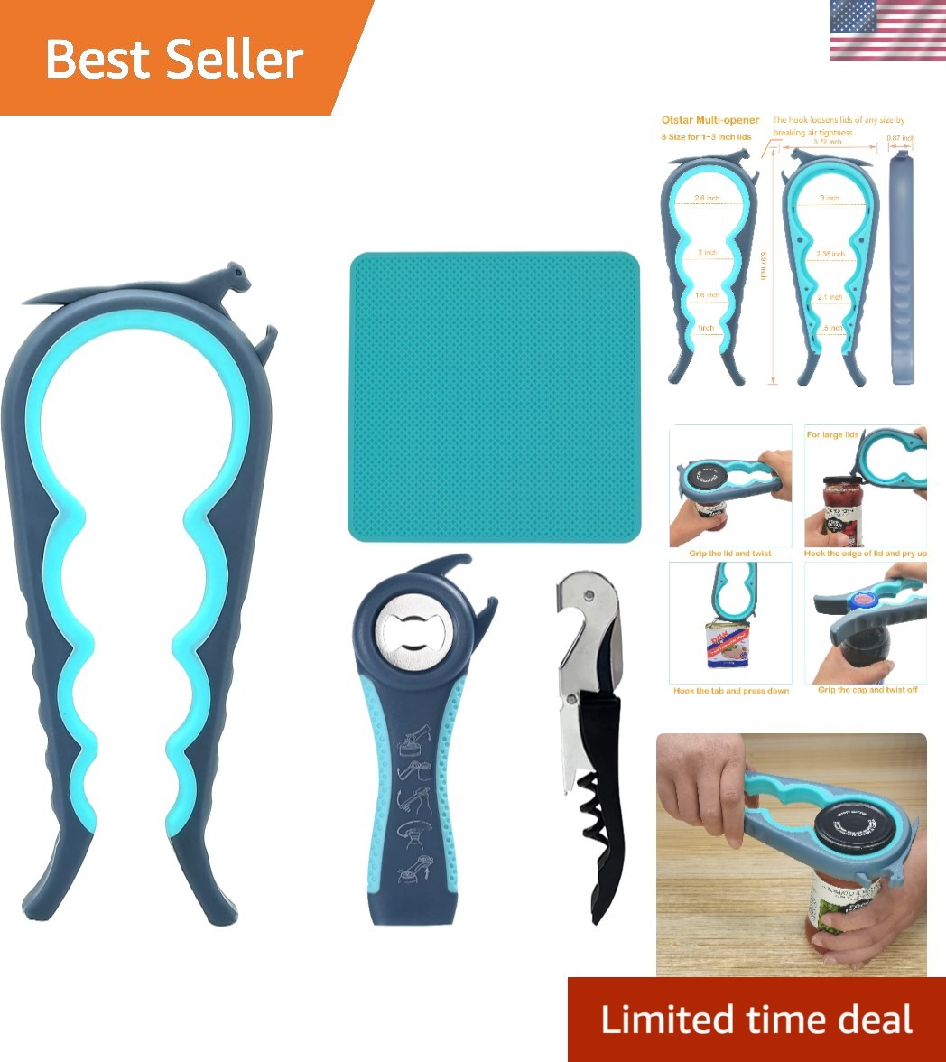 Seniors Jar and Can Opener Set - 5-in-1 Essential Kitchen Gadget for Weak Hands