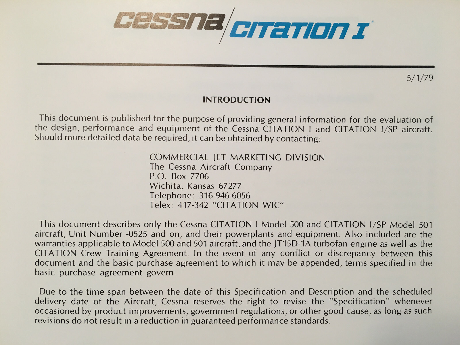 Cessna Citation I Model 500, sn 0525 & On, Specification/Description Booklet