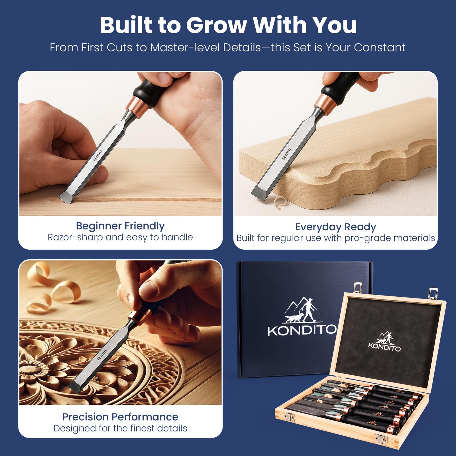Professional Wood Chisel Set – Complete Chisel Kit with 6 CRV60 Steel Blades ...