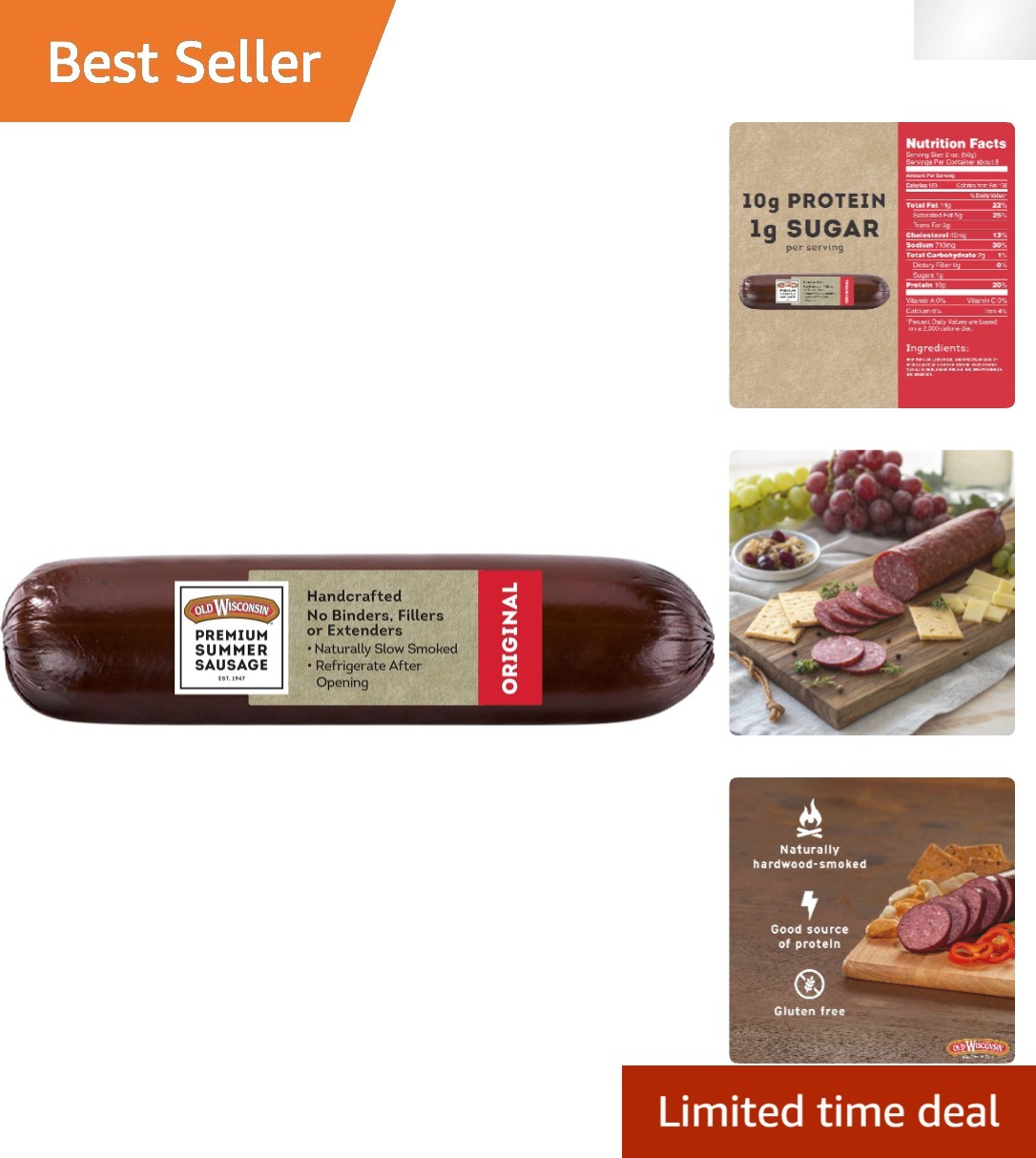 Authentic Hardwood Smoked Summer Sausage - Gourmet Gluten Free Snack, 16 Oz
