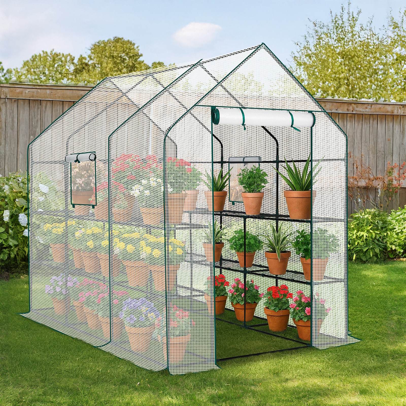 Walk-in Greenhouse with PE Cover & Side Windows, 12-Shelf Indoor Outdoor