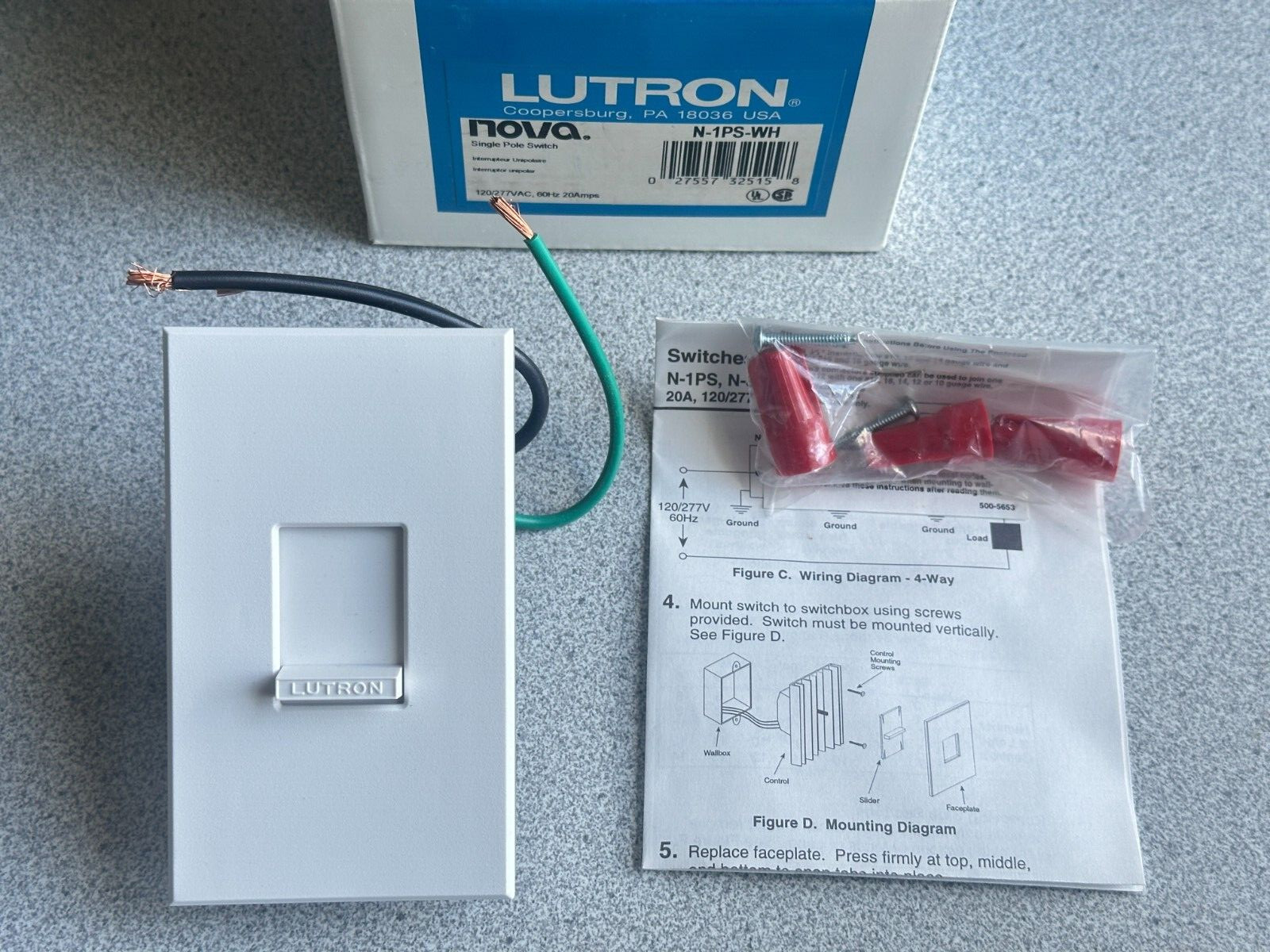 NEW Lutron N-1PS-WH Nova Wall Light Switch Single-pole Slide 120V/277V 20A White