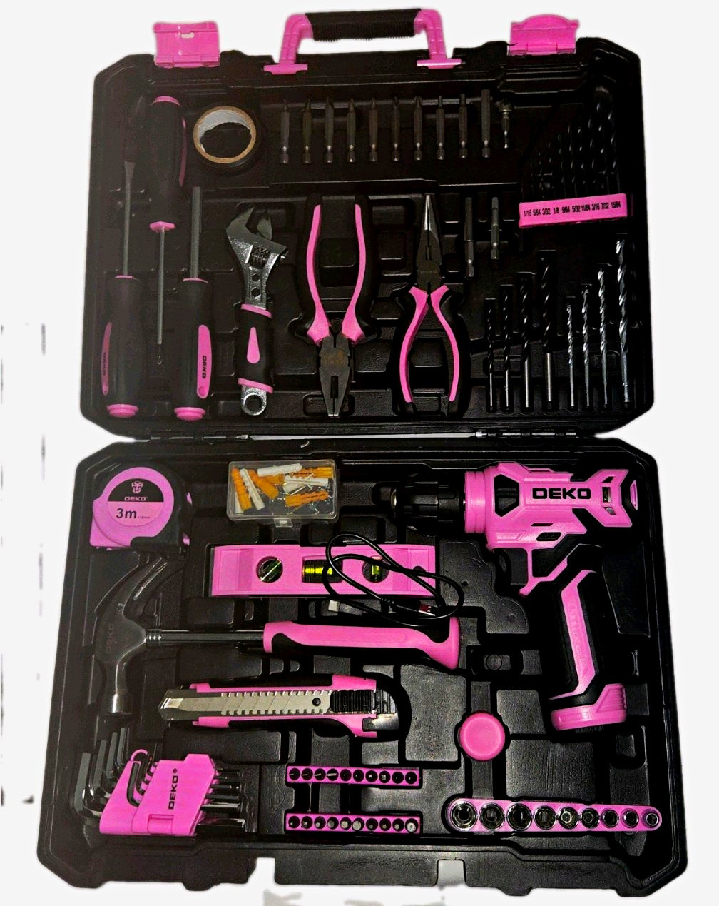 DEKO 3.6V Pink/Black Cordless Drill/Driver 100 pc Tool Set w/ Carry Case