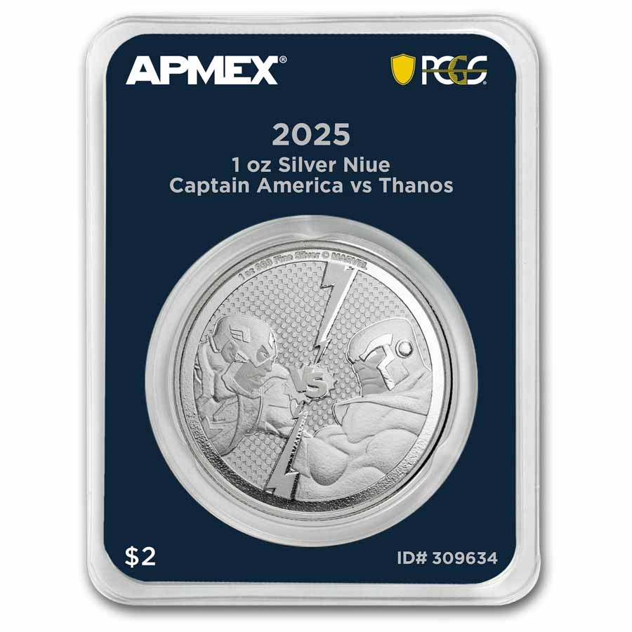 2025 1 oz Ag $2 Captain America vs Thanos (MD® Premier + PCGS FS)