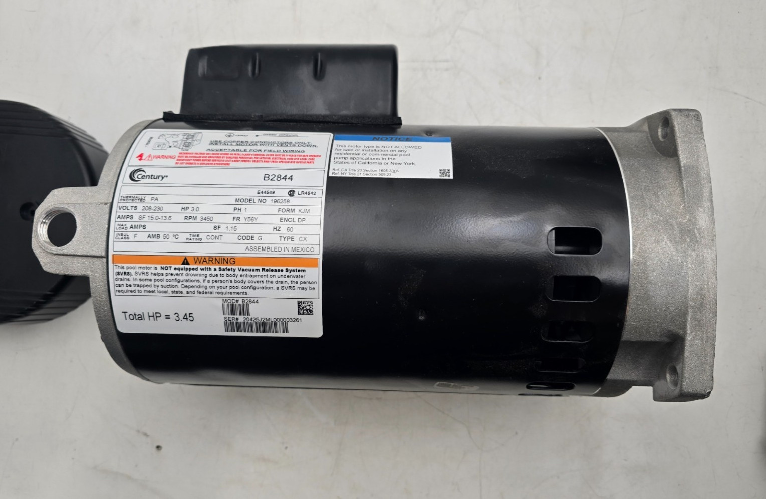 CENTURY B2844 E-PLUS SQUARE FLANGE 3HP FULL RATED 56Y MOTOR