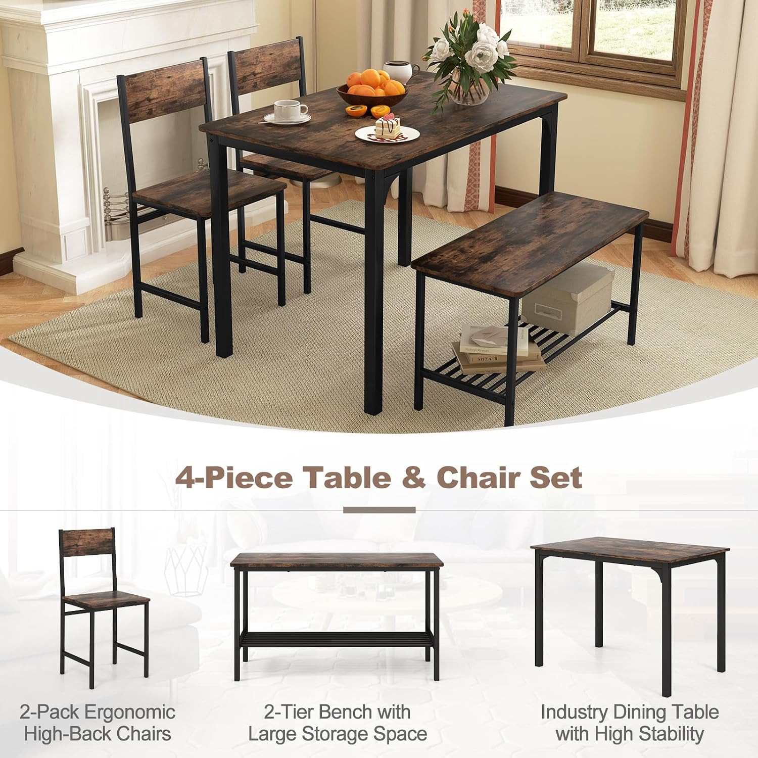 Dining Table Set for 4, Kitchen Table with Bench and Chairs, Industrial Gatherin