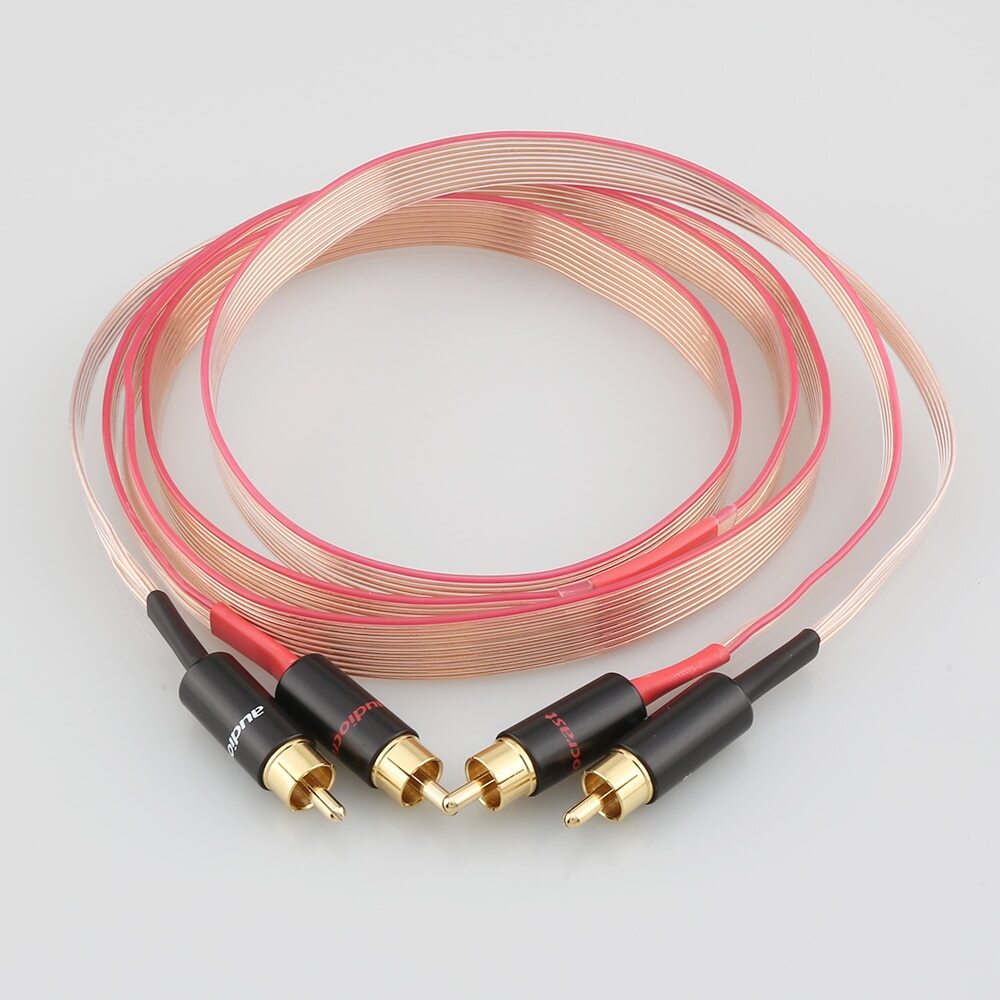 Pair OCC Copper Signal RCA Flat Cable Gold Plated Plug Interconnect RCA Cable