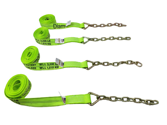 4 Pack of 2" x 14' Foot HiViz Green DW Strap with 12 inch 5/16 G70 Chain Tail