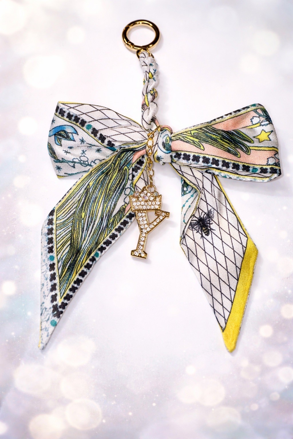 Printed Bow W/ Bling “Y” W/crown Dangling Bag Charm/key Chain