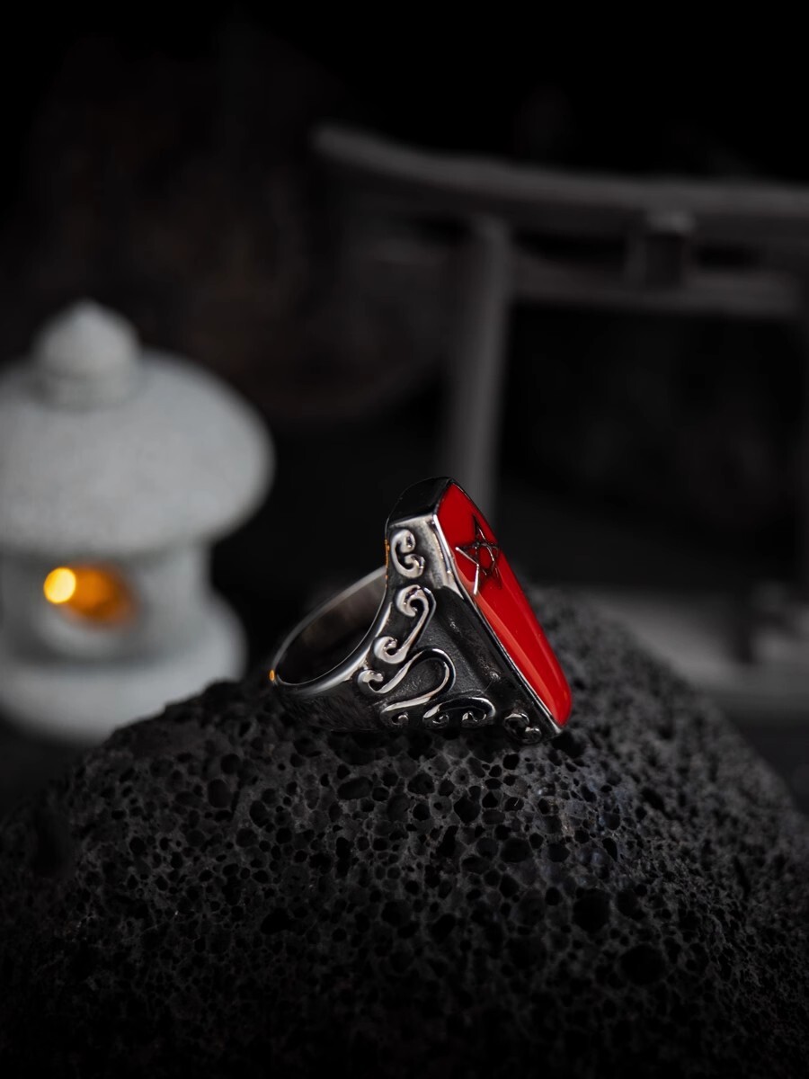 hangsworld Devil's Heart Dark Inverted pentacle Retro Red Drip Glue Ring