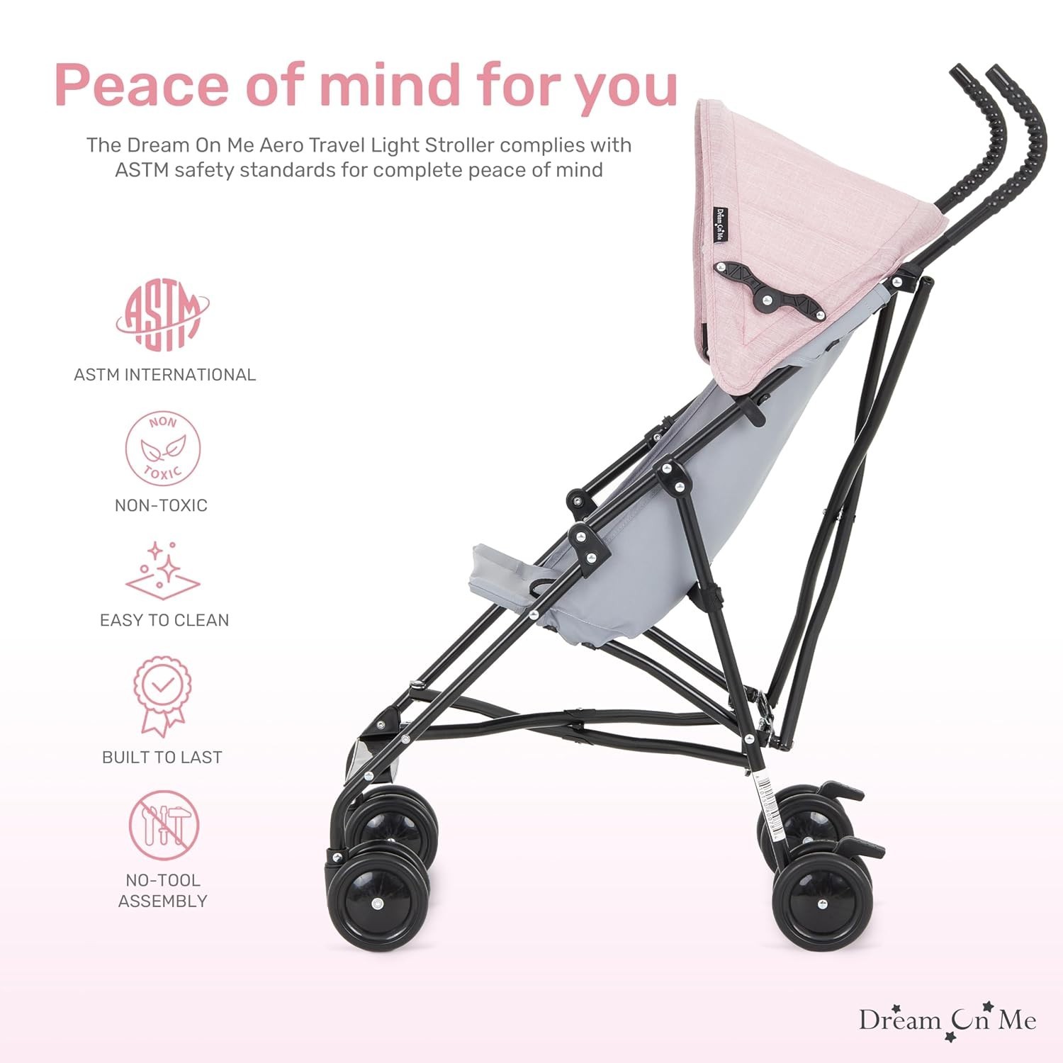 Compact Pink Stroller, 1-Hand Fold | 3-Point Safety Harness