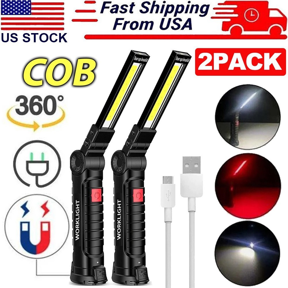 2 Pack Magnetic Base LED COB Work Light Rechargeable Mechanic Torch Flashlight