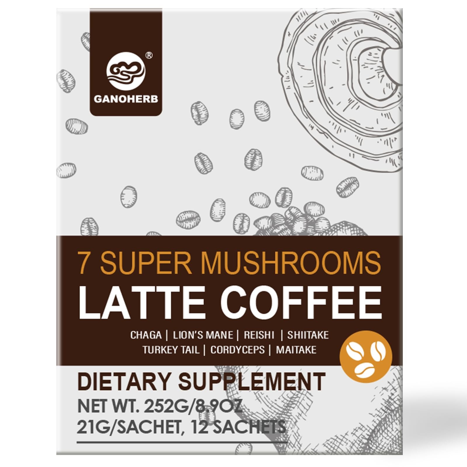 GANOHERB 7 in 1 Mushroom Coffee Mix, Instant Latte 7.4 Ounce (Pack of 1)