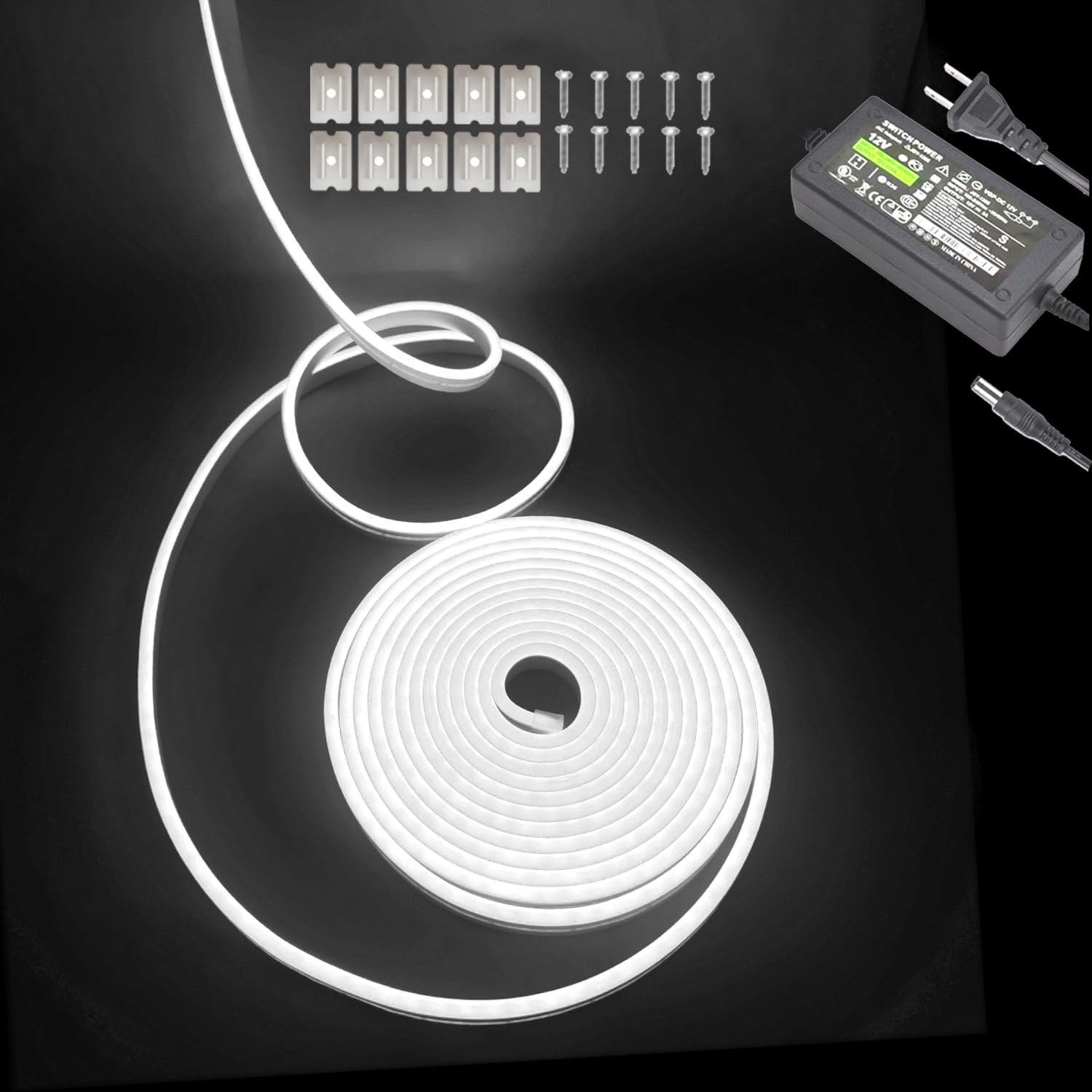 White Neon LED Strip Light, 16.4ft/5M Flexible Rope Light - 12V DC, 600 LEDs,...
