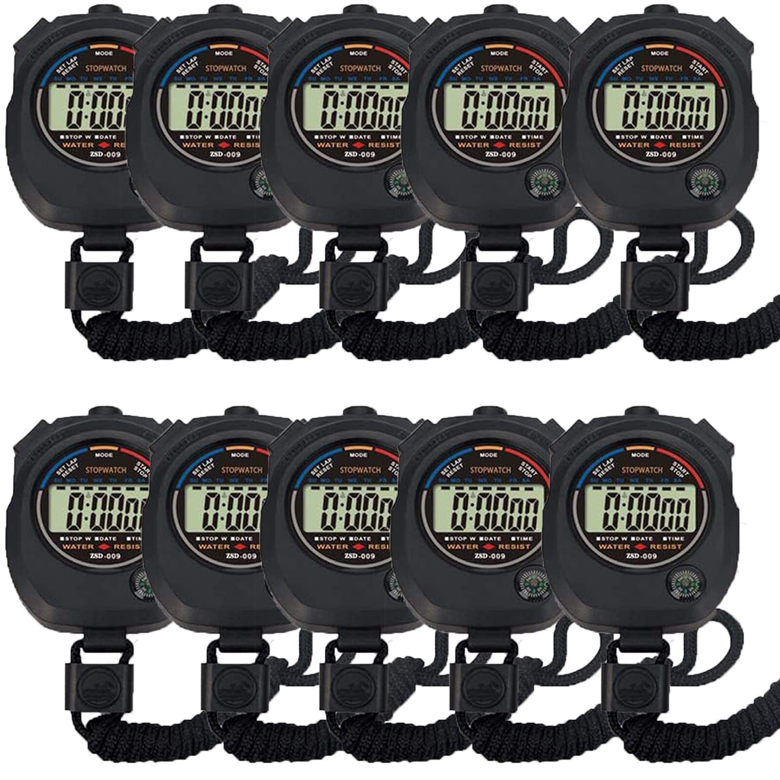 10-Pack Digital Sport Stopwatch Large Display with Date Time Alarm for Sports