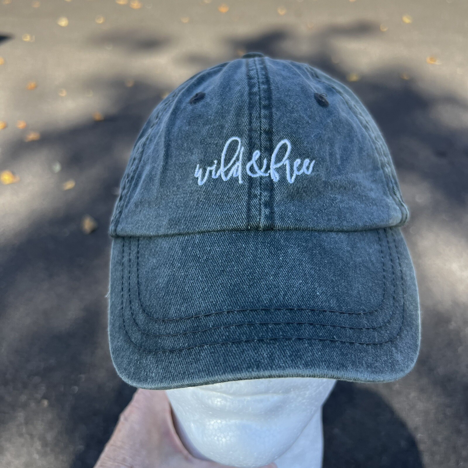 Wild & Free in White Script on Washed Out Gray Cotton Hat Cap Strap Buckle