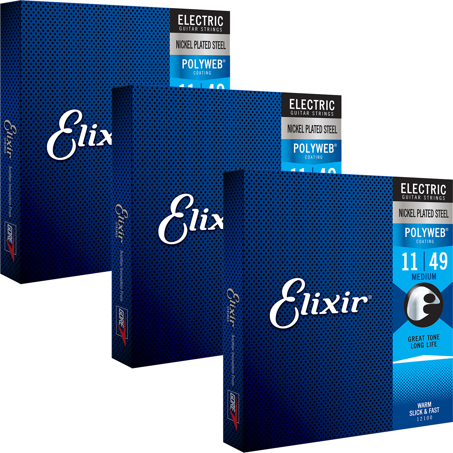 3 Sets Elixir 12100 POLYWEB Electric Guitar Strings, Medium 11-49