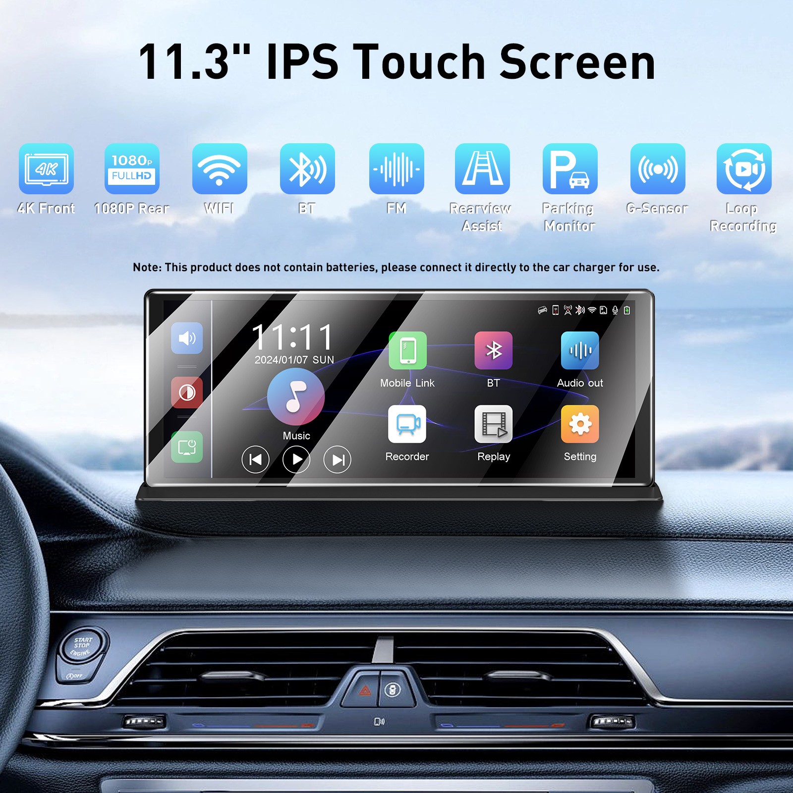 11.30" 4K Touch Screen Dash Cam Wireless Apple Carplay & Android Auto Car Stereo