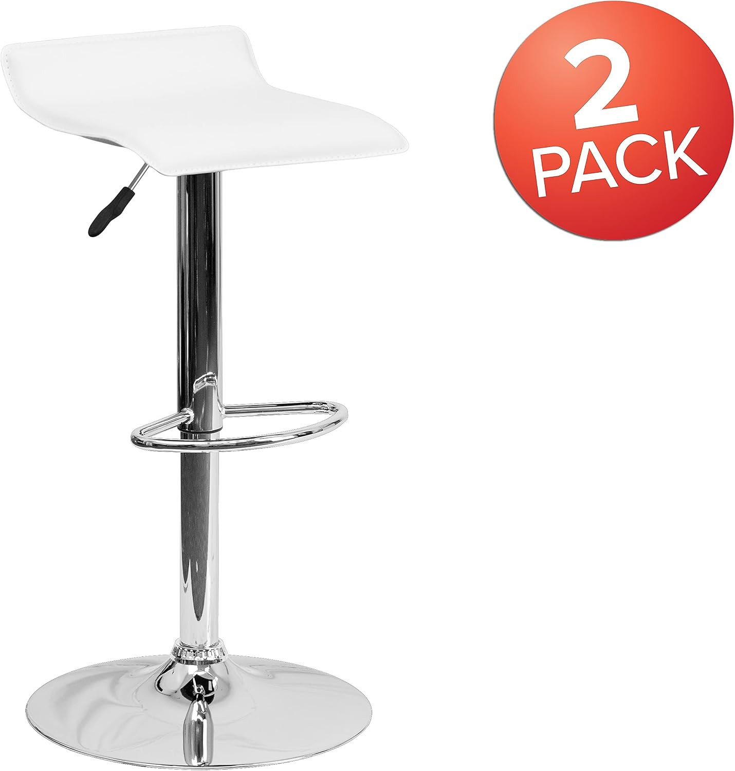 Vinyl Adjustable Barstool, White, 2-Pack | Solid Wave Seat, Adjustable Height, C