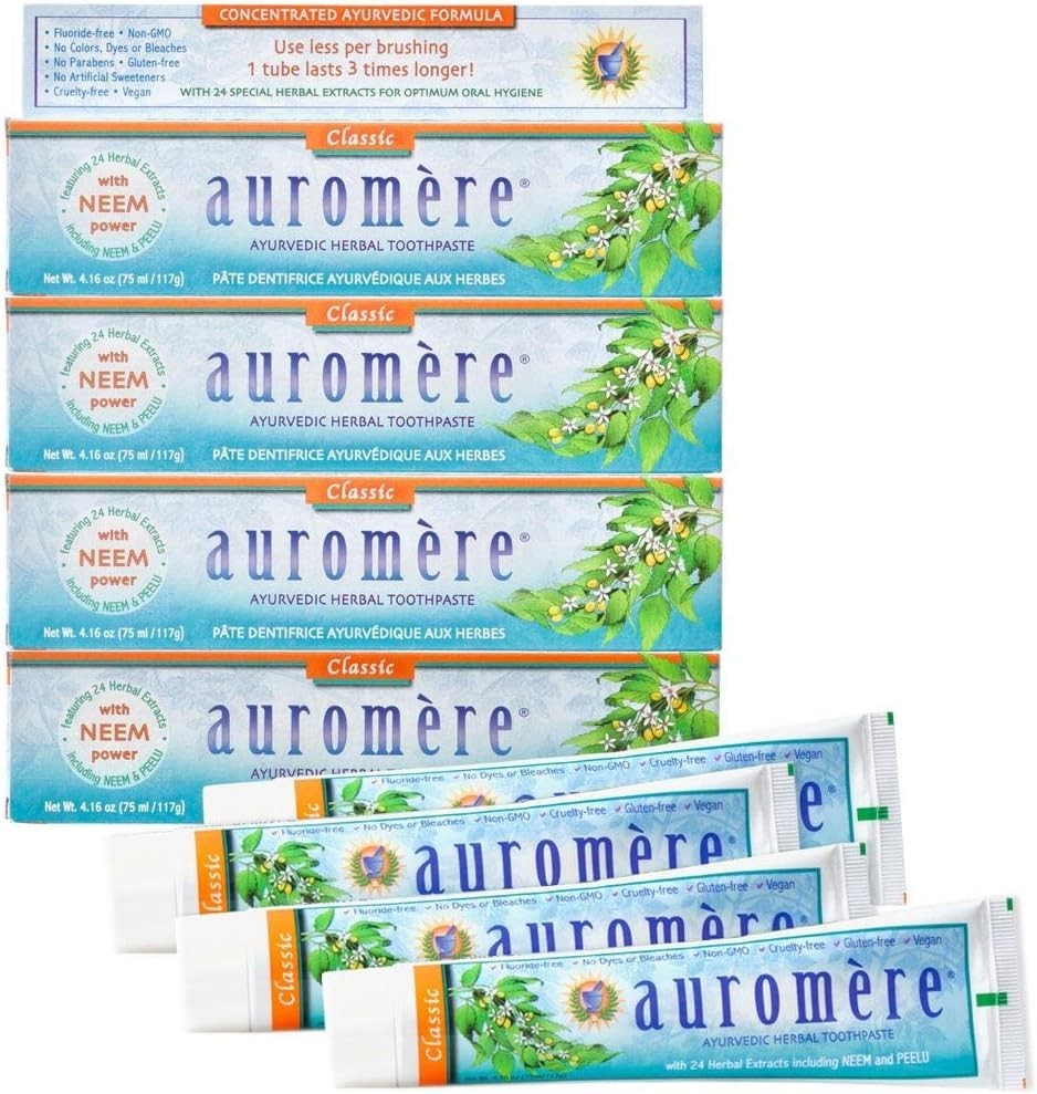 Auromere Ayurvedic Herbal Toothpaste Classic – Minty Licorice 4.16 oz (Pack of 4