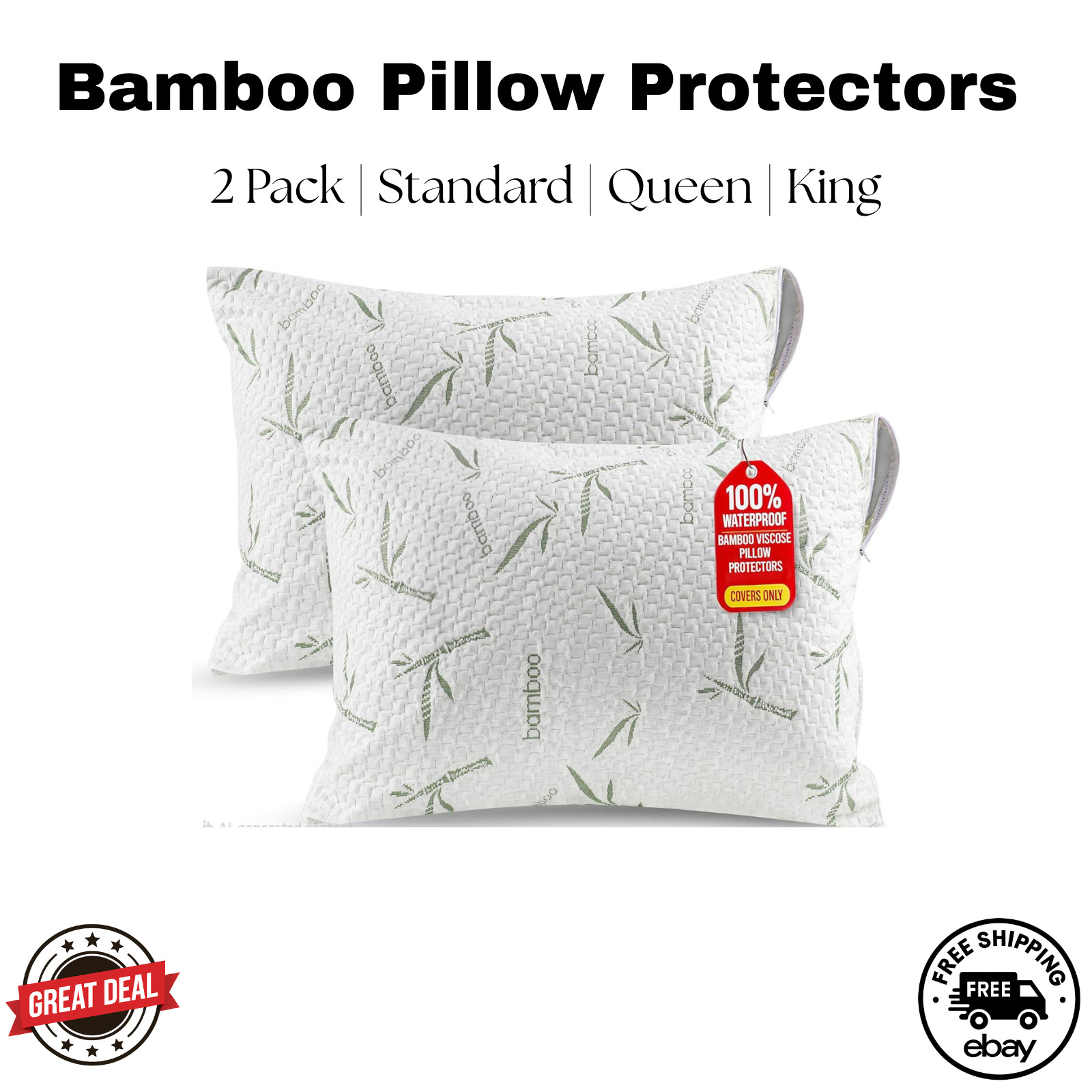 Premium Bamboo Pillow Protectors 2 Pack | Waterproof + Cooling | Zippered Covers