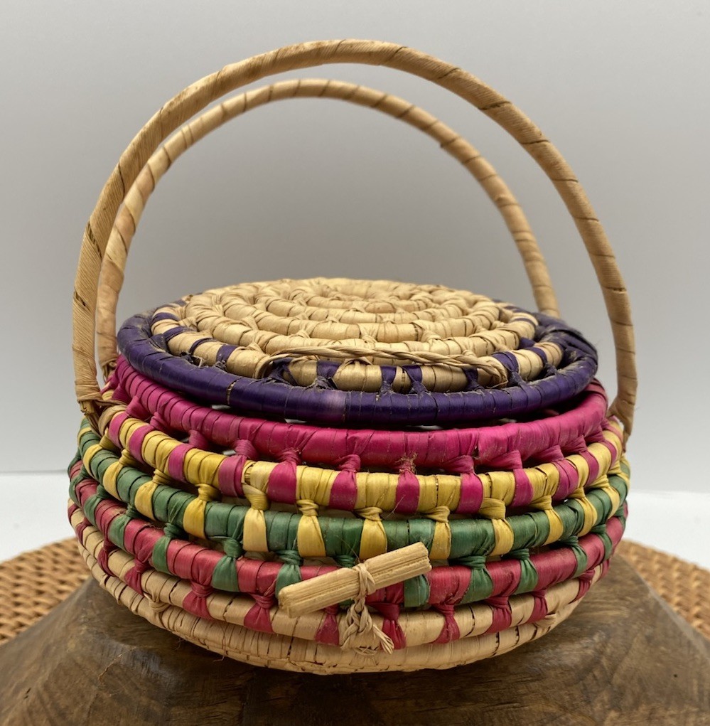 Hand Made Round Lidded Basket With Handles Locking Multi Color