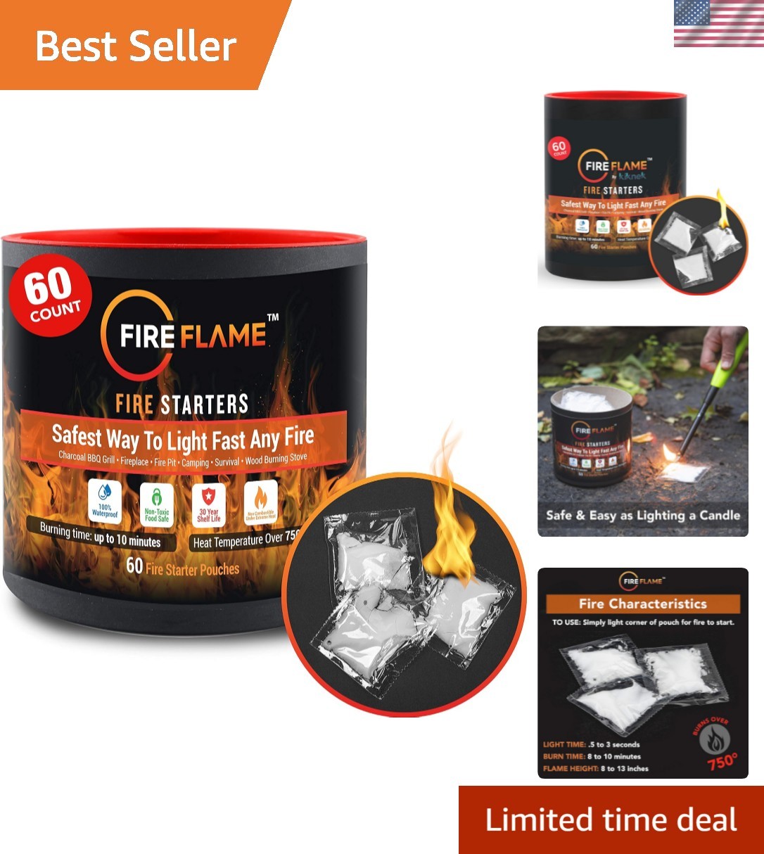 All-Purpose Instant Fire Starter - 60 Waterproof Pouches for BBQ, Camping & More