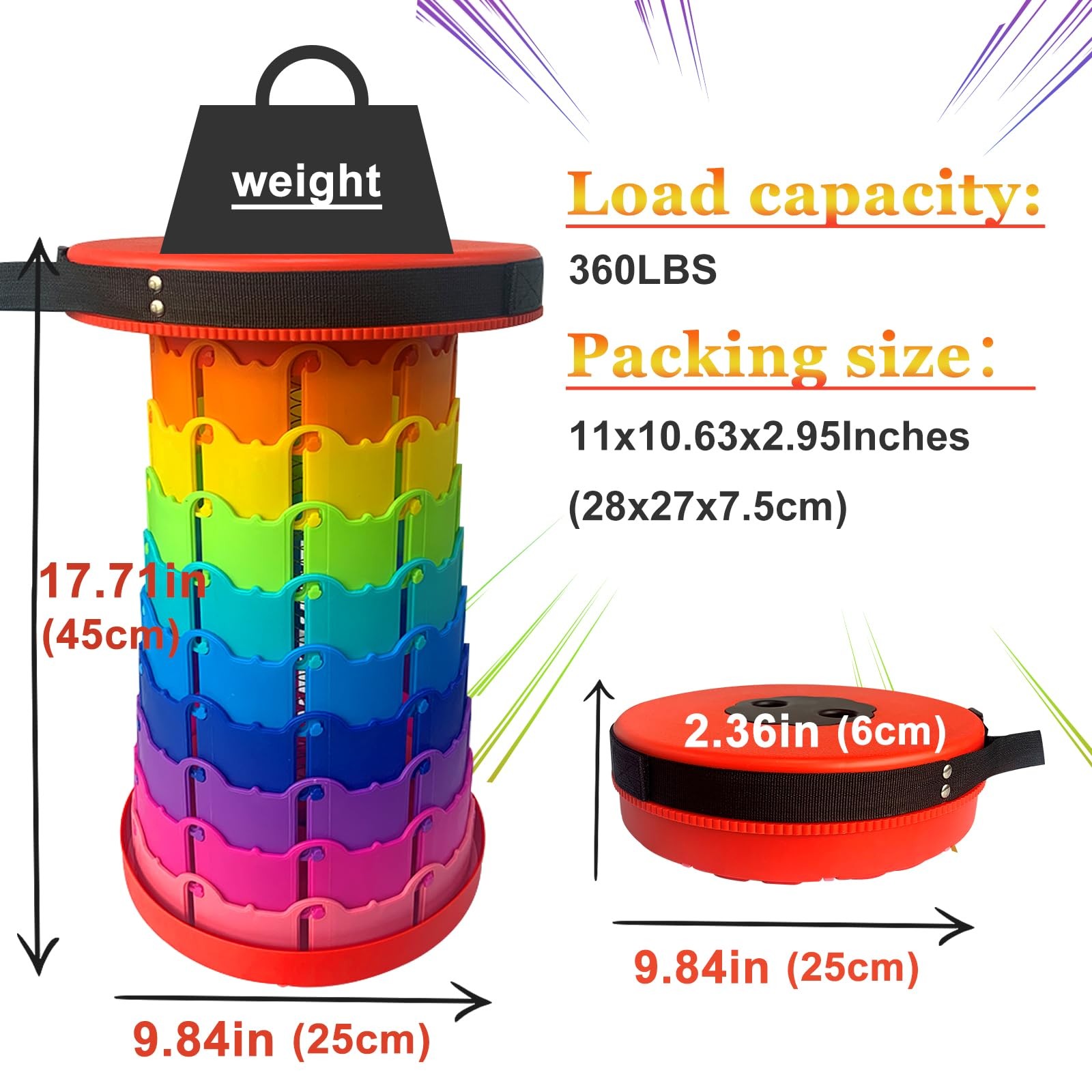 Rainbow Travel Camping Stool, Retractable Portable Folding Stool,Collapsible ...