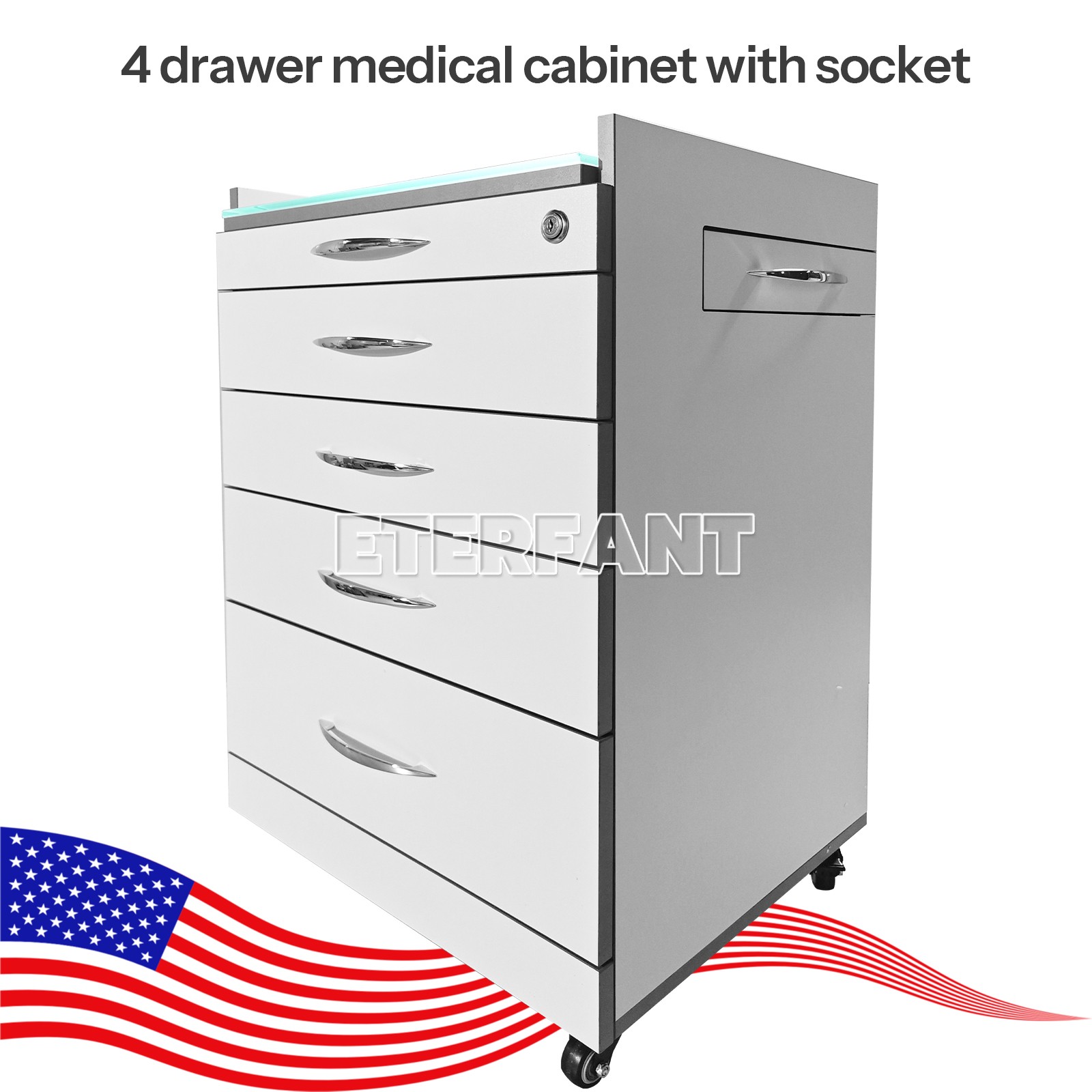 4 Drawers 3D Scanner Medical Equipment Cart Wooden Cabinet Cart with Socket US