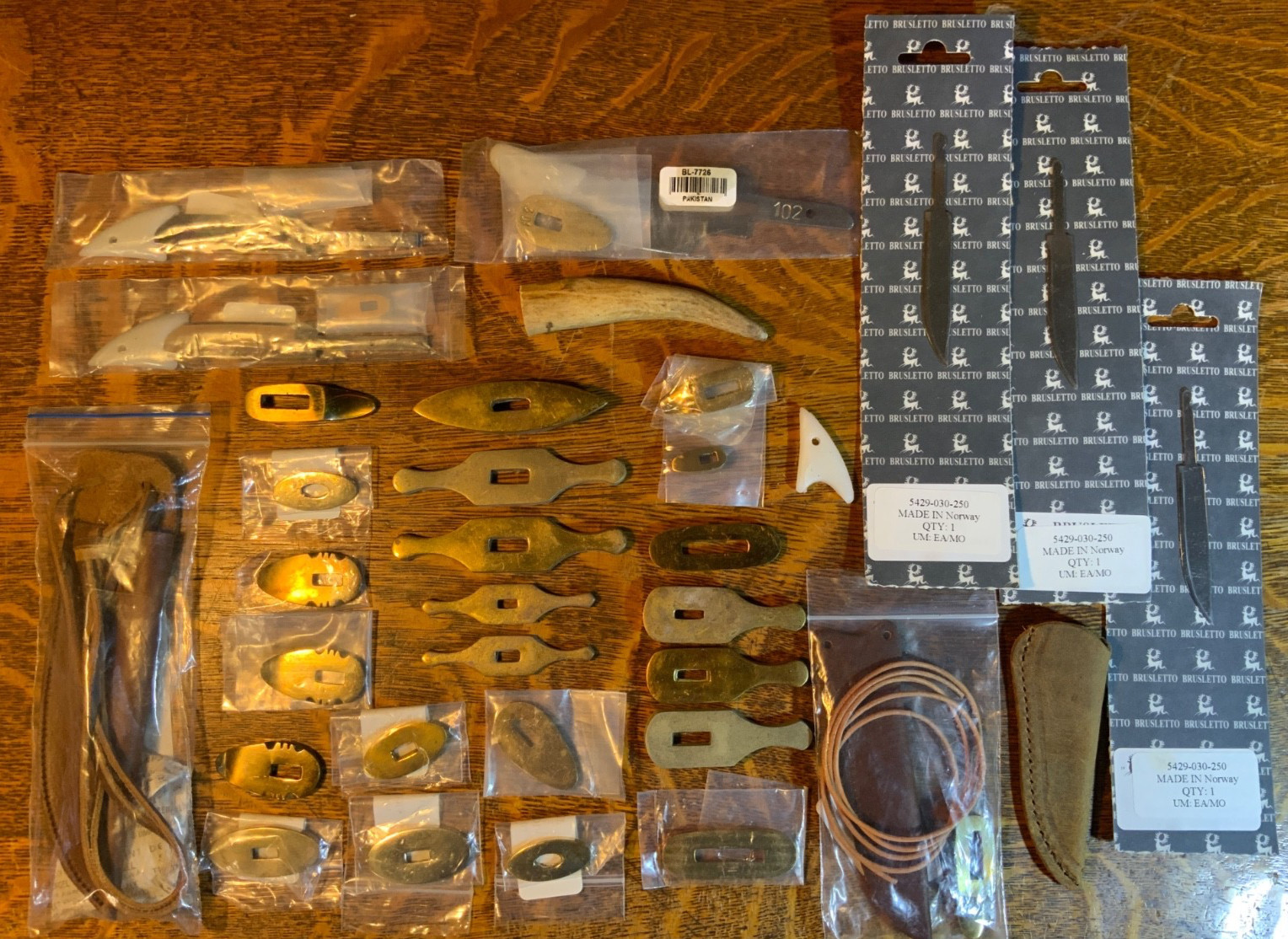 Knife Making Supplies Lot. Blades, Brass Guards, Sheaths.New & opened items