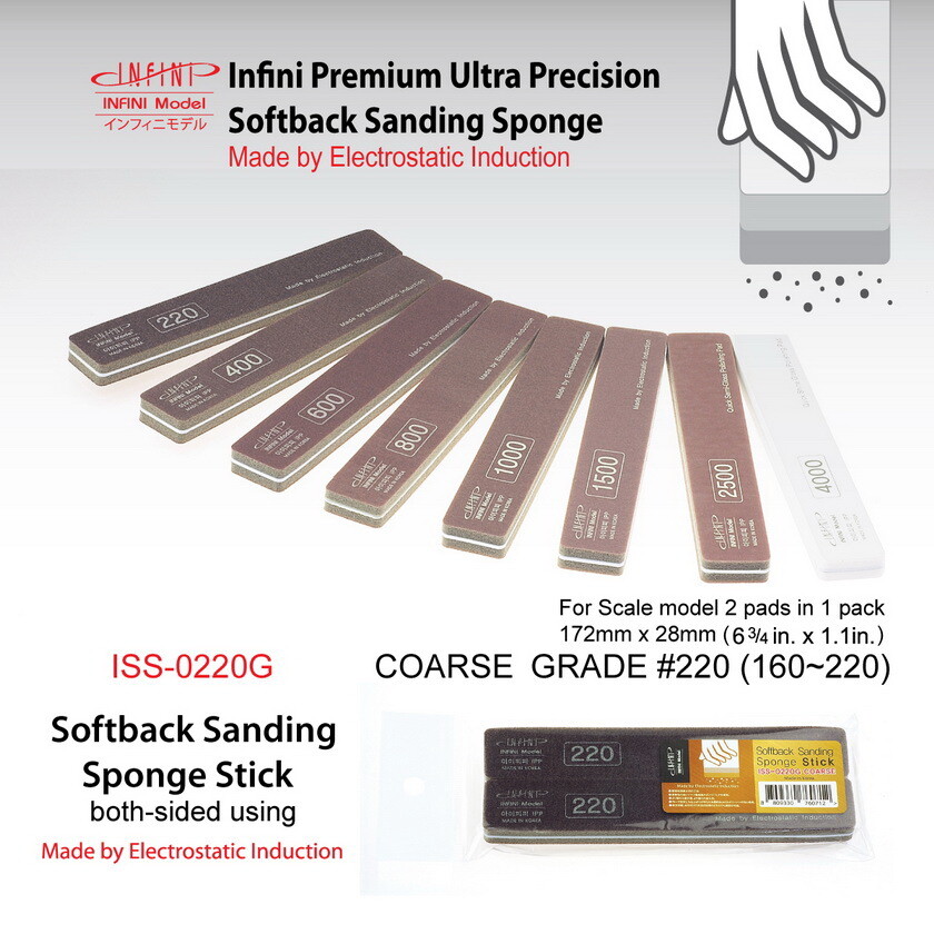 Infini Sanding Sponge Stick (2-sided) -  Coarse #220 (2pcs, 172mm x 28mm)
